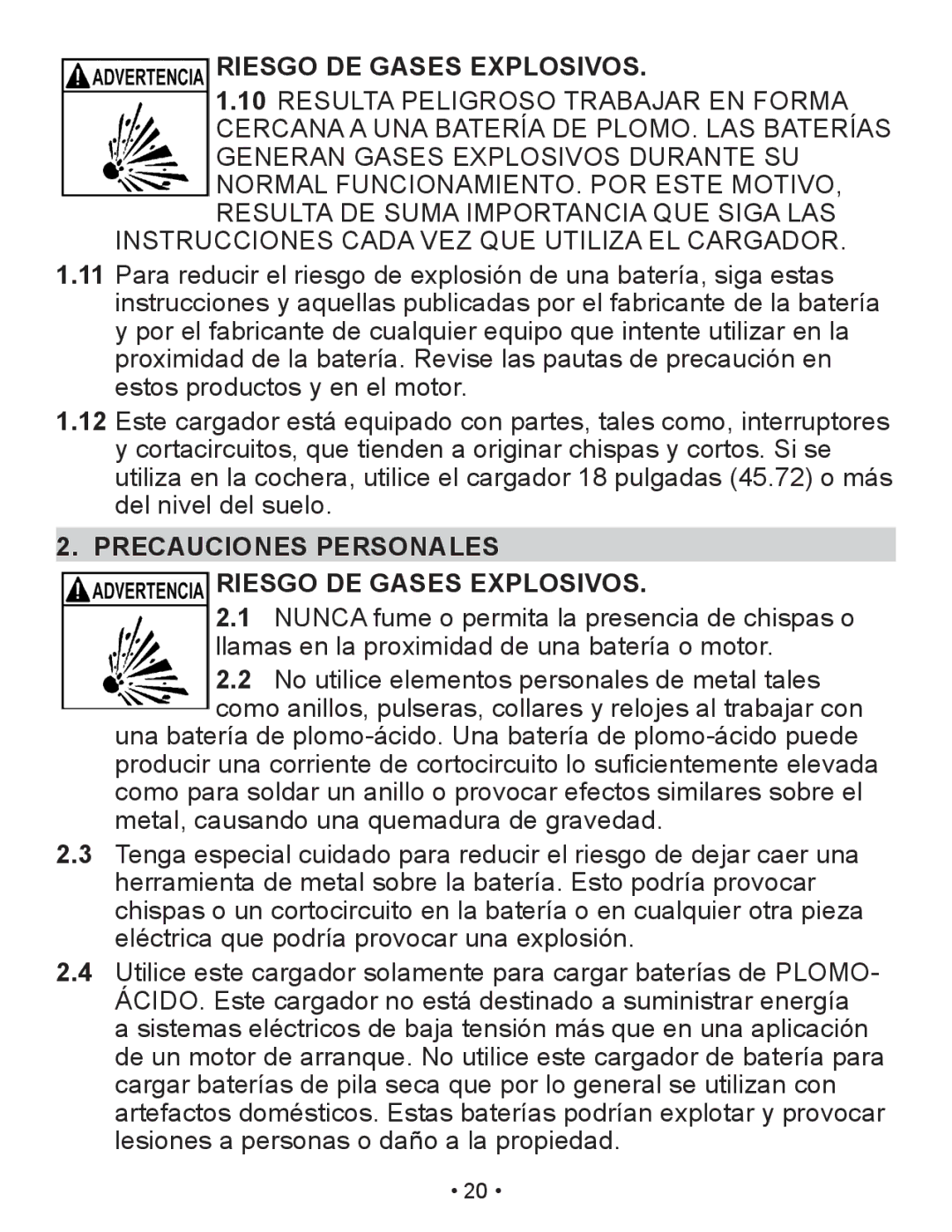 Schumacher XM1-5 owner manual Precauciones Personales Riesgo DE Gases Explosivos 