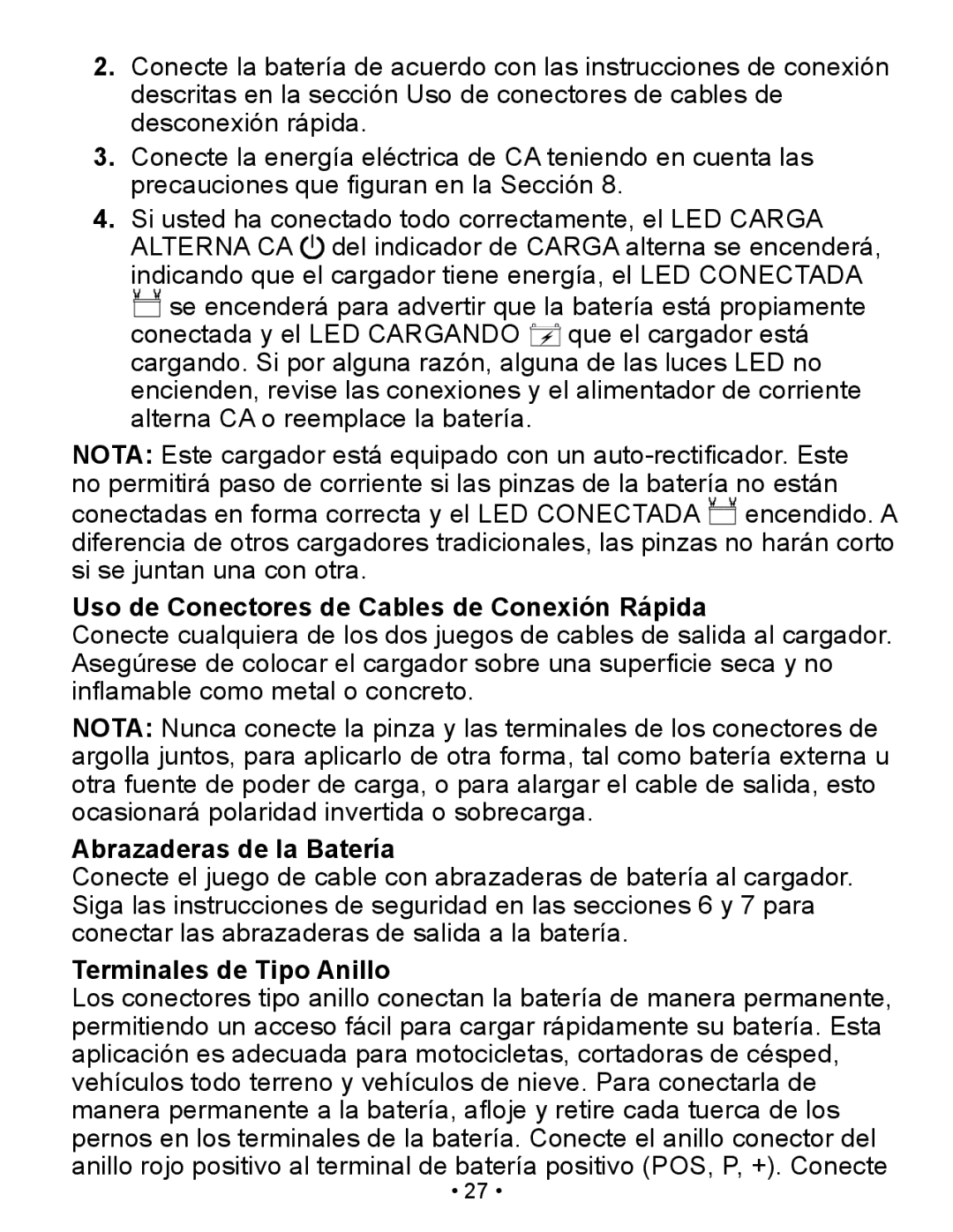 Schumacher XM1-5 Uso de Conectores de Cables de Conexión Rápida, Abrazaderas de la Batería, Terminales de Tipo Anillo 