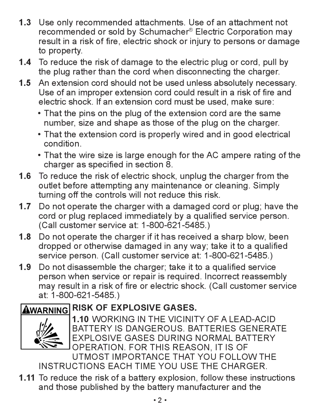 Schumacher XM1-5 owner manual Risk of Explosive Gases 