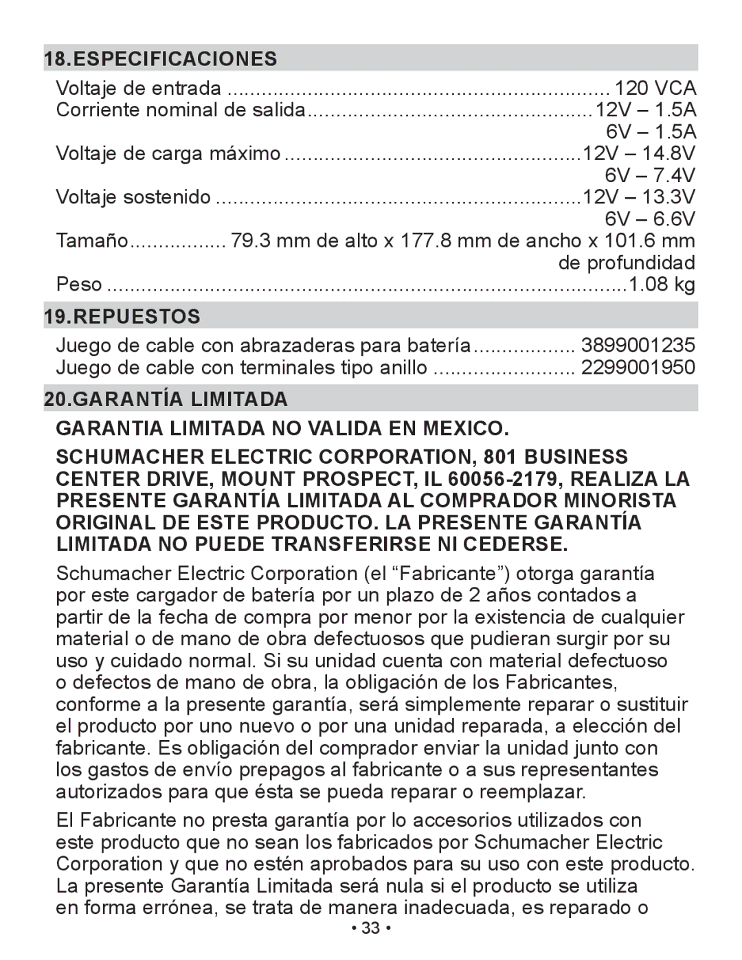 Schumacher XM1-5 owner manual Especificaciones, Repuestos 