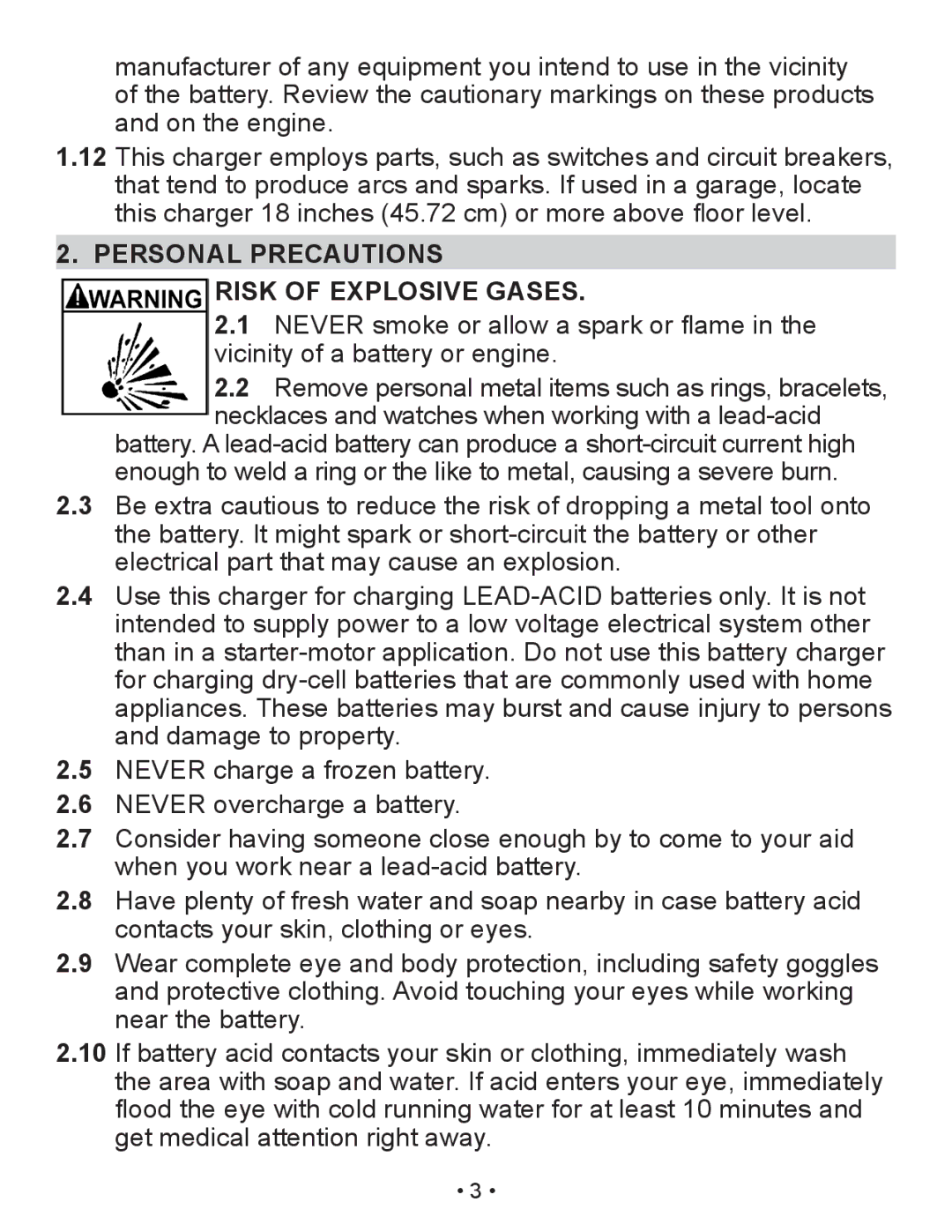 Schumacher XM1-5 owner manual Personal Precautions Risk of Explosive Gases 