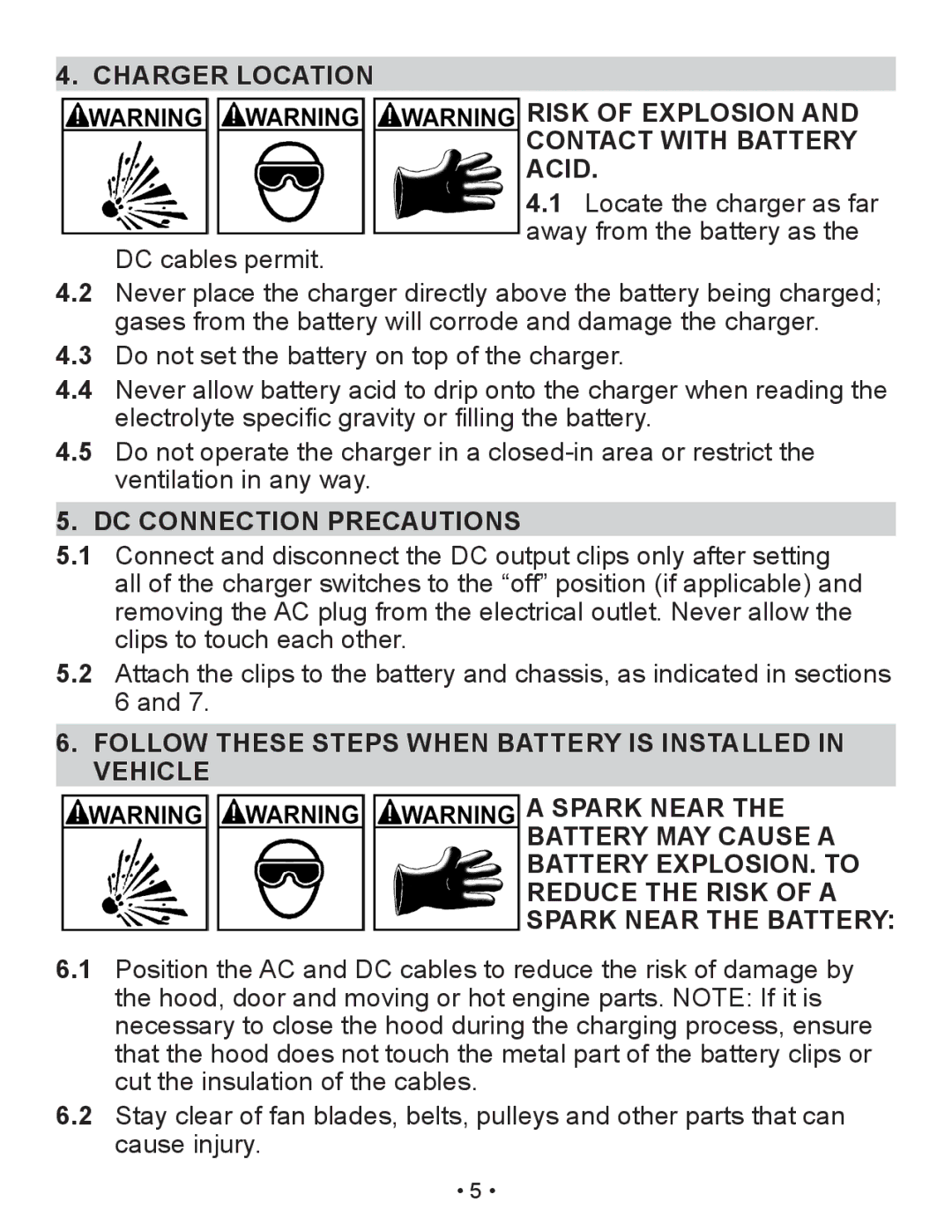 Schumacher XM1-5 owner manual Charger Location Risk of Explosion Contact with Battery Acid, DC Connection Precautions 