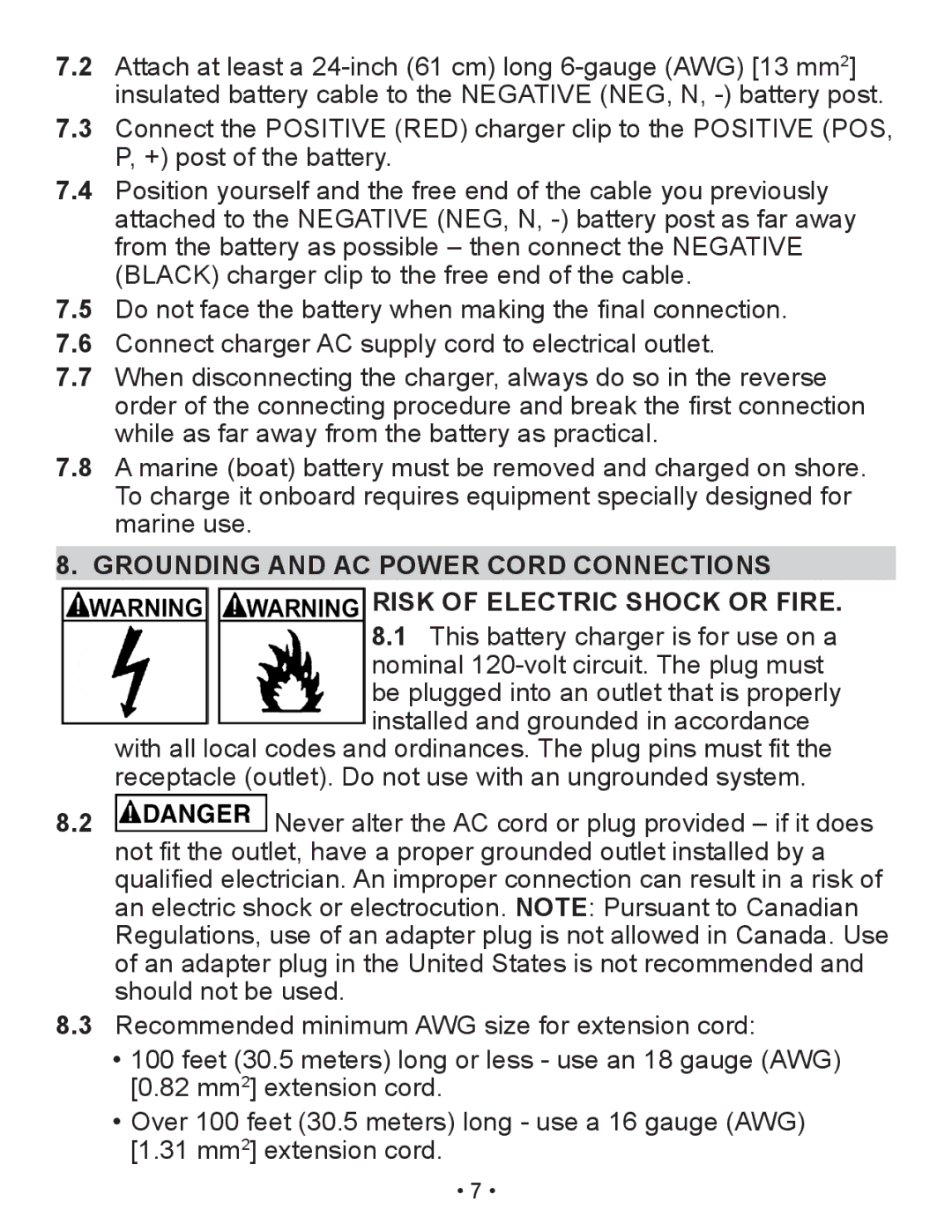 Schumacher XM1-5 owner manual Grounding and ac power cord connections, Risk of Electric Shock or Fire 