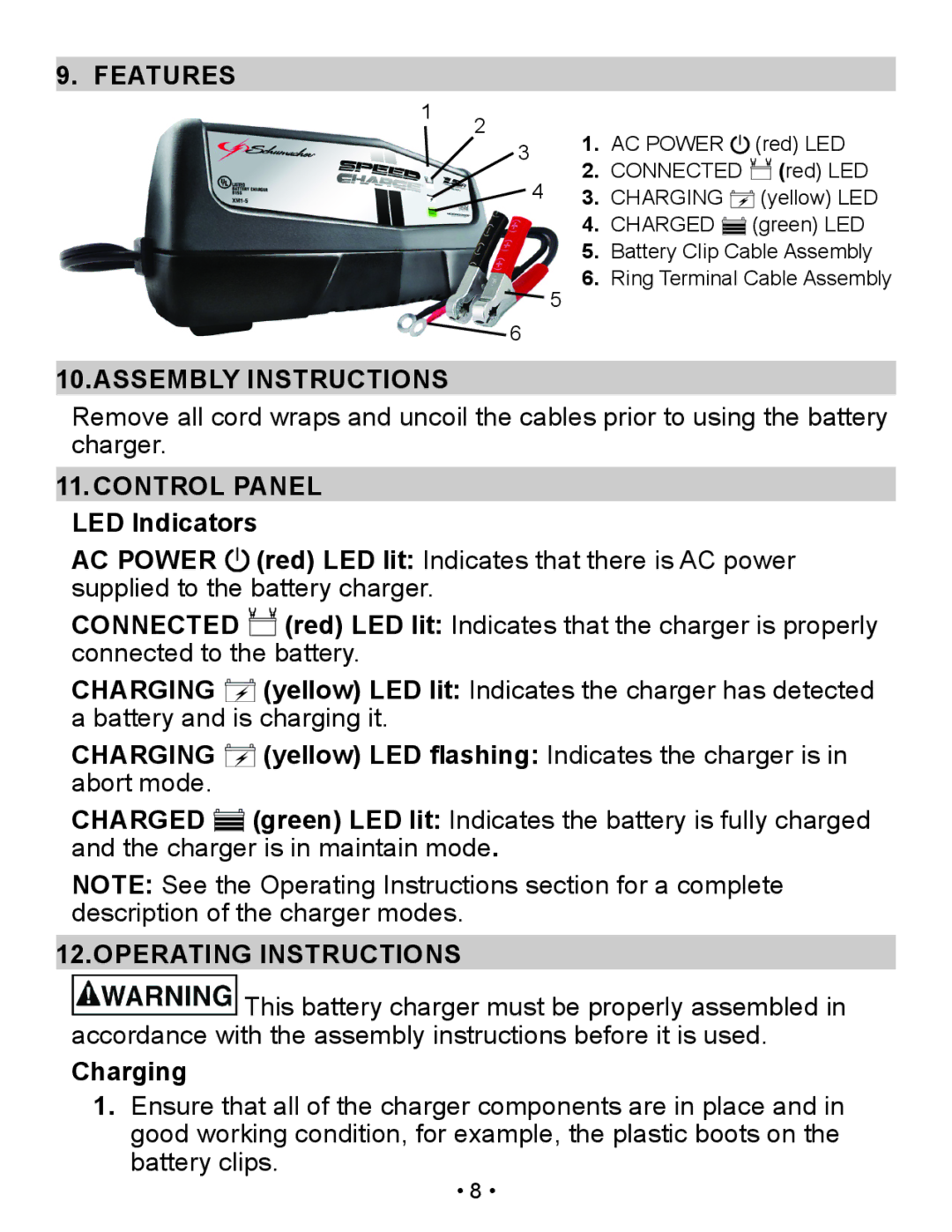 Schumacher XM1-5 owner manual Features, Assembly Instructions, AC Power, Connected, Charging, Operating Instructions 