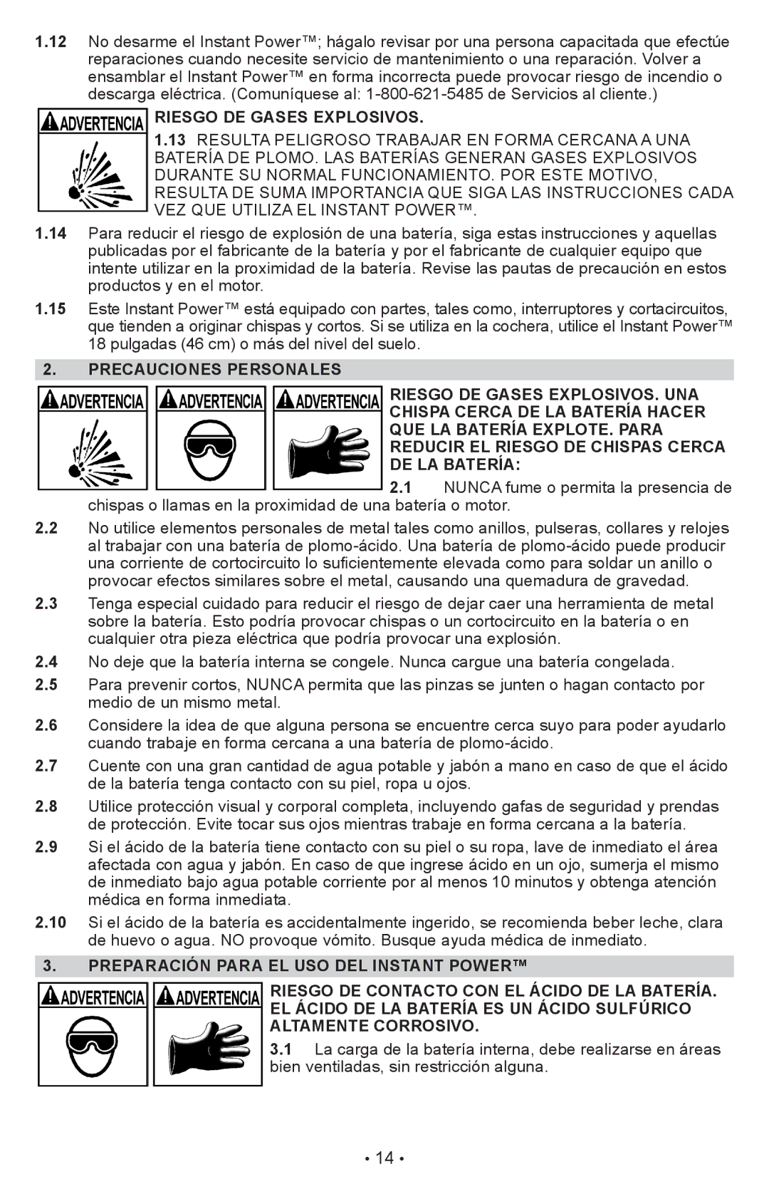 Schumacher XP2260 owner manual Riesgo DE Gases Explosivos, Preparación Para EL USO DEL instant power 