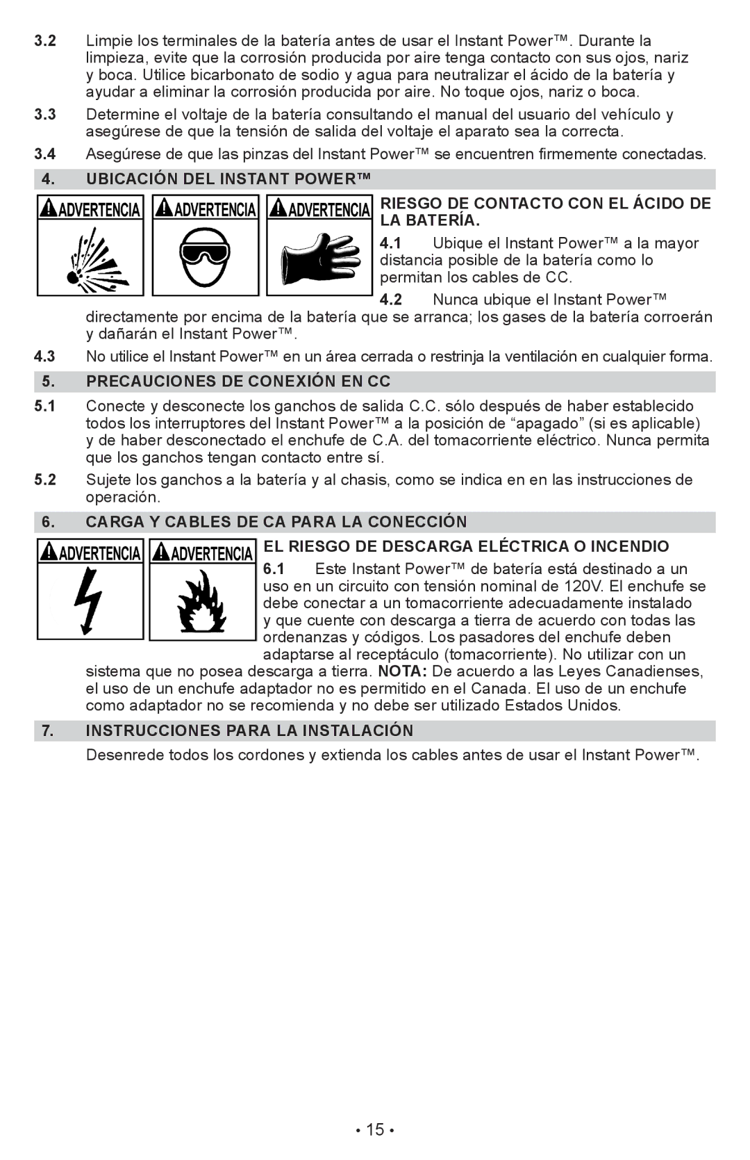 Schumacher XP2260 owner manual Ubicación DEL Instant power, Riesgo DE Contacto CON EL Ácido DE LA Batería 