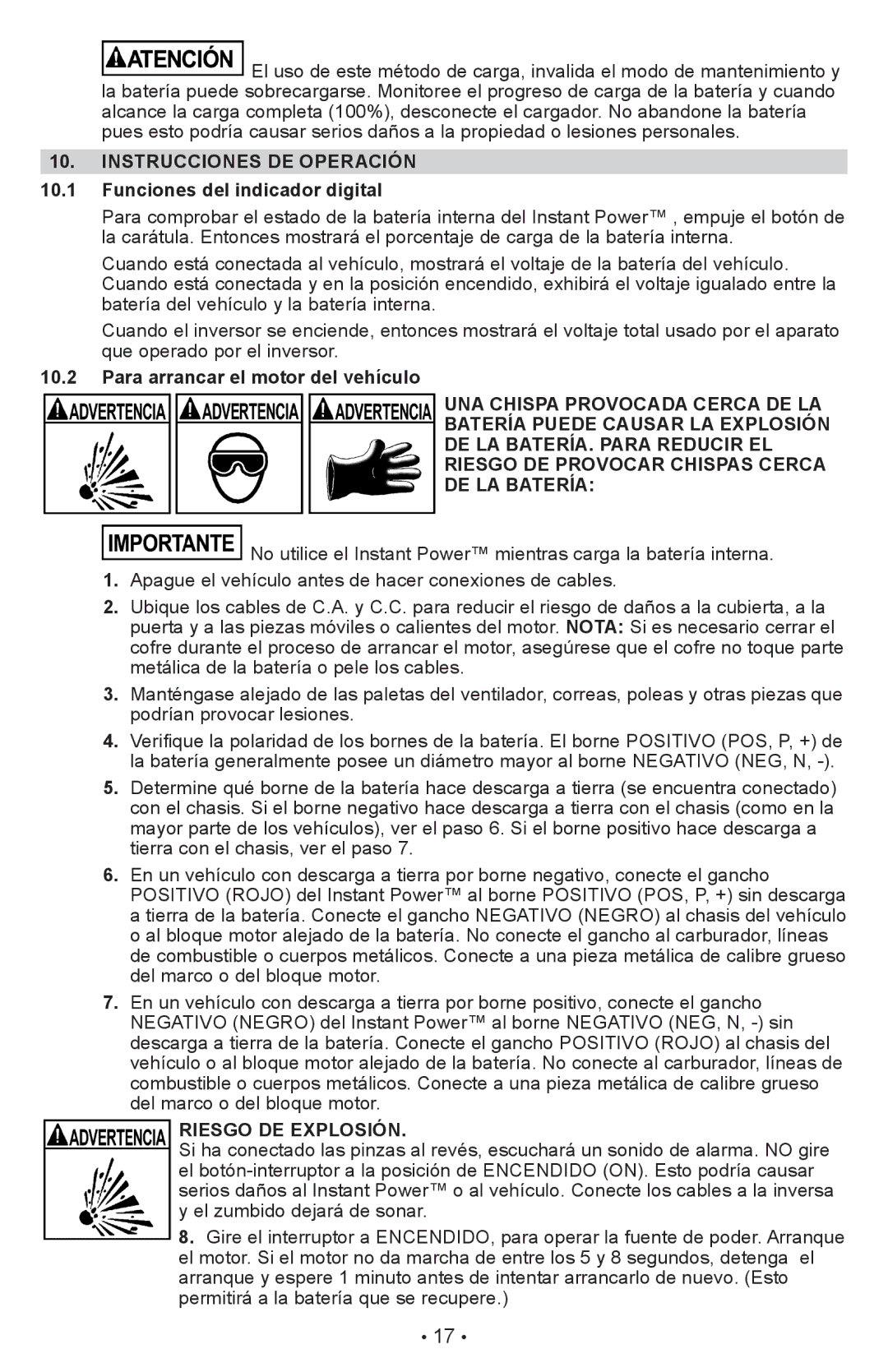 Schumacher XP2260 owner manual Instrucciones DE Operación, Funciones del indicador digital, Riesgo de Explosión 