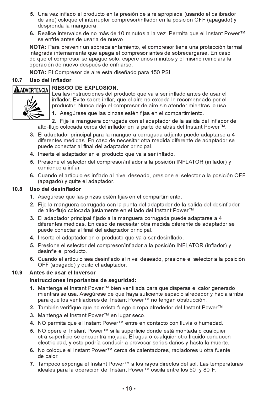 Schumacher XP2260 owner manual Uso del inflador Riesgo de explosión, Uso del desinflador 