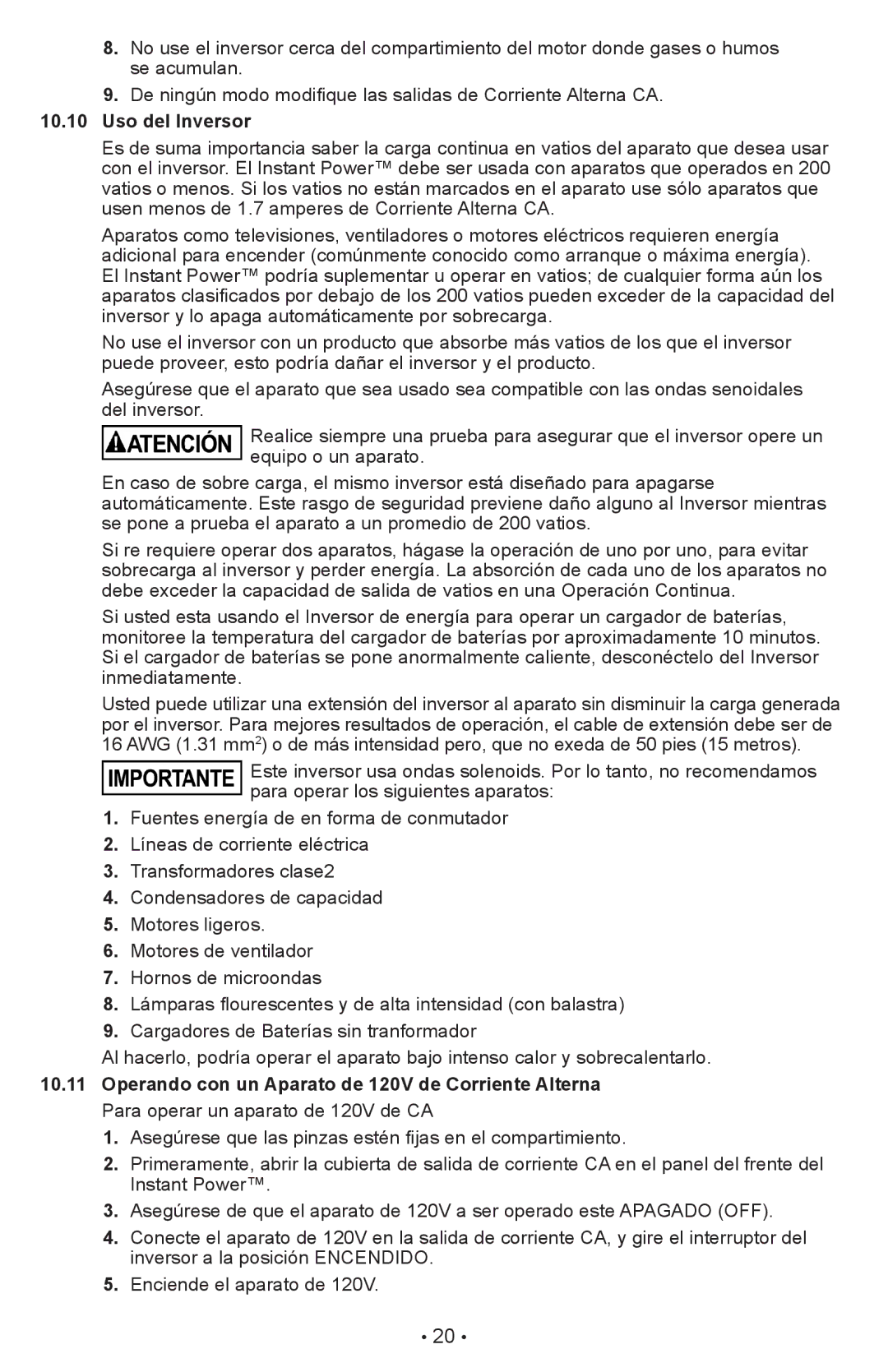 Schumacher XP2260 owner manual Uso del Inversor 