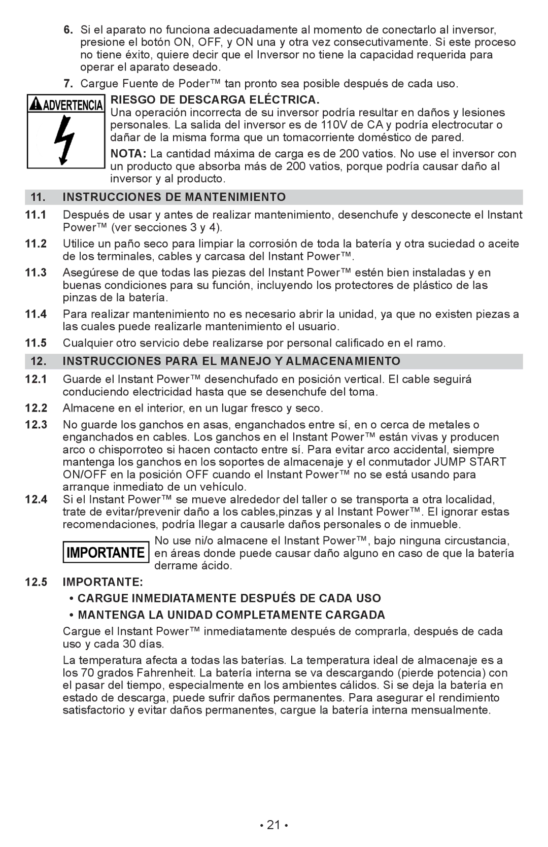 Schumacher XP2260 owner manual Riesgo de descarga eléctrica, Instrucciones DE Mantenimiento 