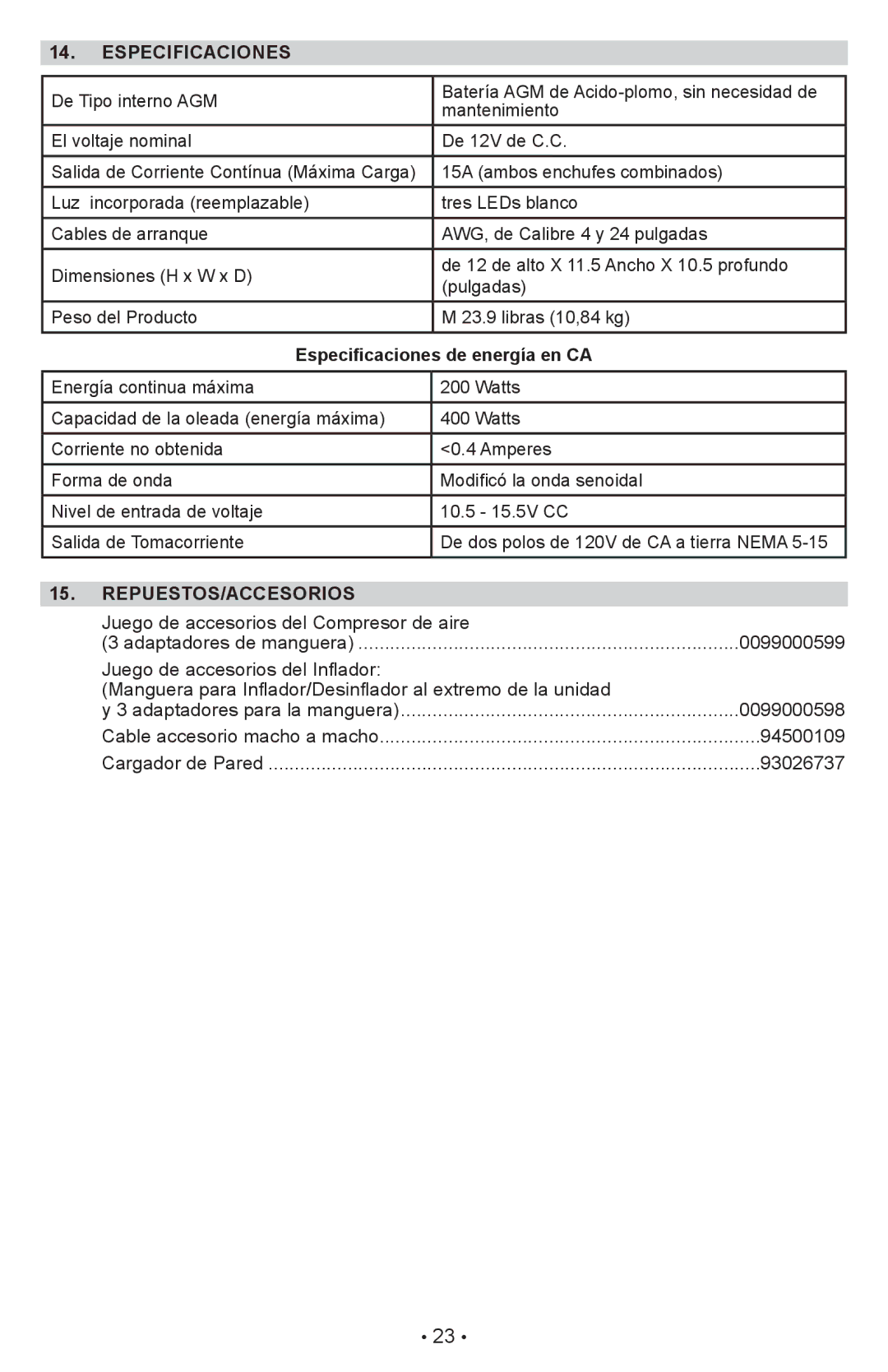 Schumacher XP2260 owner manual Especificaciones de energía en CA, REPUESTOS/accesorios 