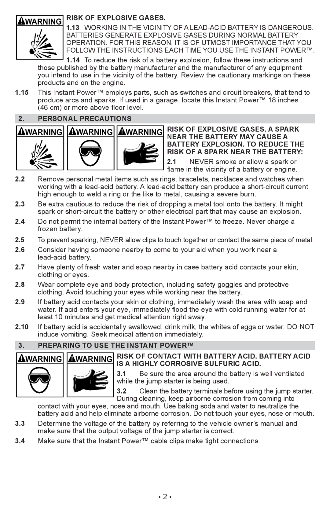 Schumacher XP2260 owner manual Risk of Explosive Gases, Personal Precautions, Preparing to use the Instant Power 