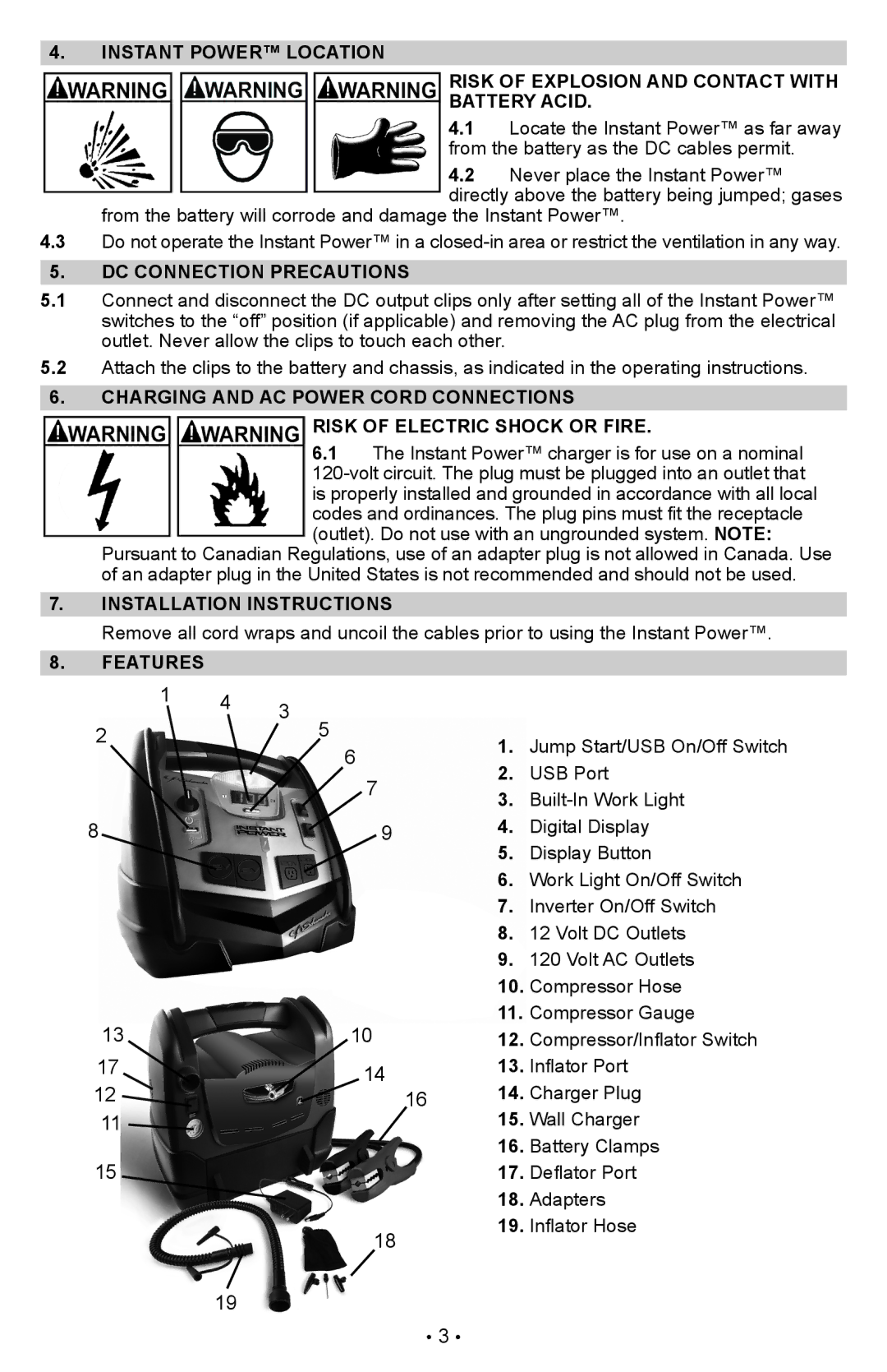 Schumacher XP2260 Risk of Explosion and Contact with Battery Acid, DC Connection Precautions, Installation Instructions 