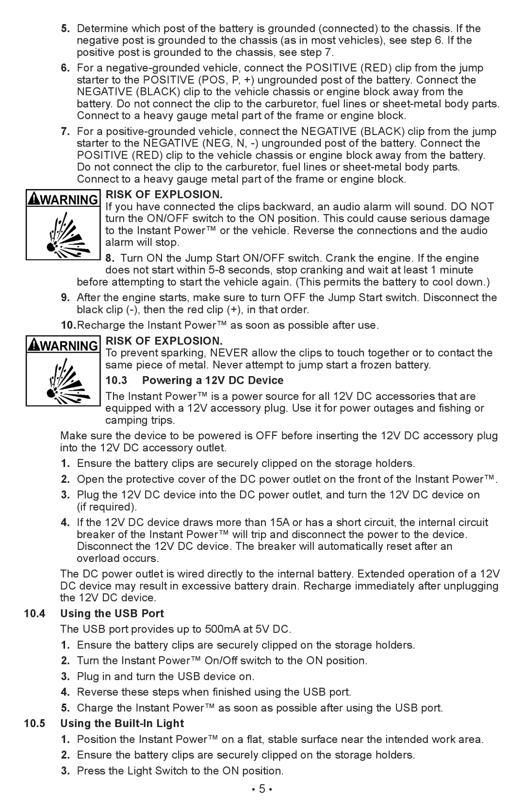 Schumacher XP2260 owner manual Risk of Explosion, Powering a 12V DC Device, Using the USB Port, Using the Built-In Light 