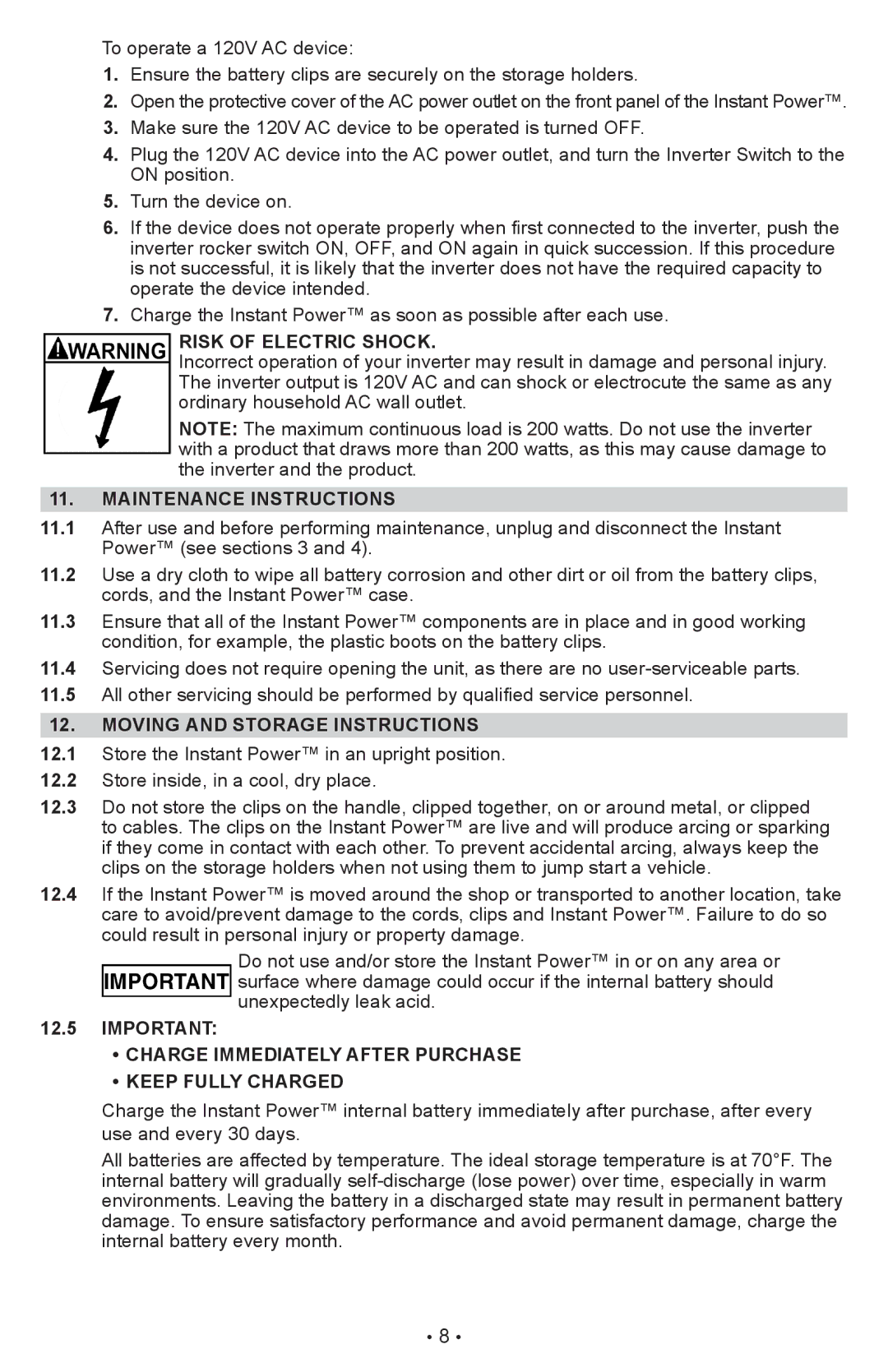 Schumacher XP2260 owner manual Risk of electric shock, Maintenance Instructions, Moving and Storage Instructions 