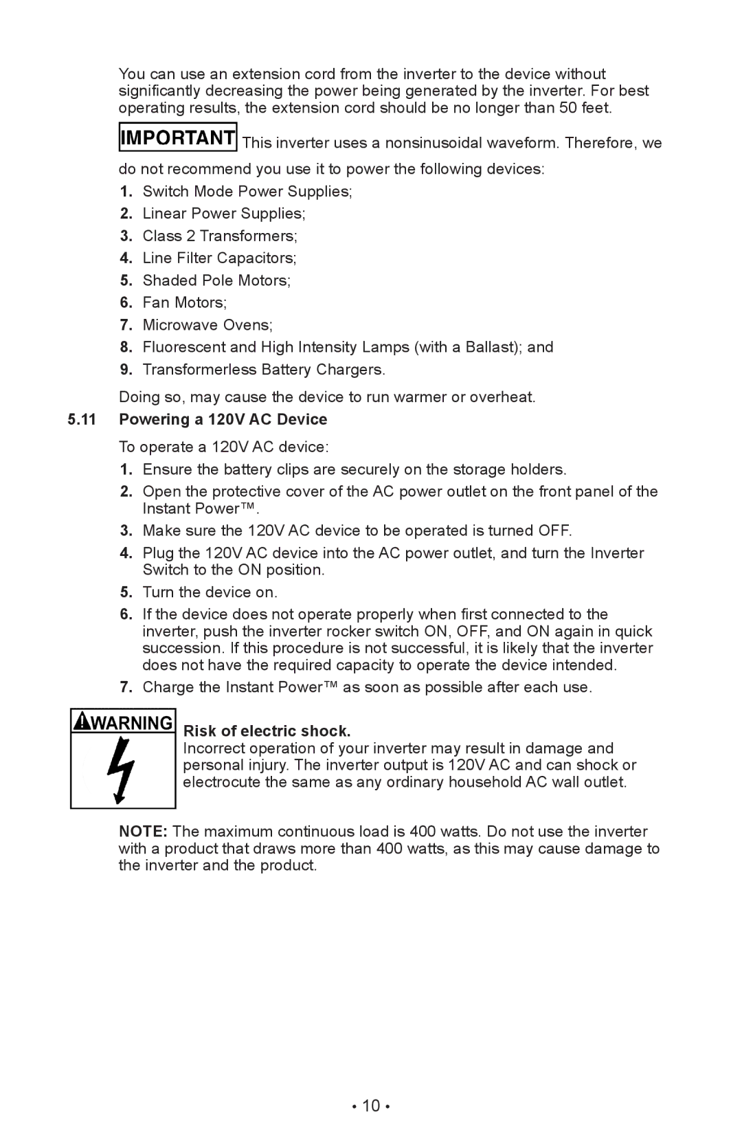 Schumacher XP2260 owner manual Powering a 120V AC Device To operate a 120V AC device, Risk of electric shock 