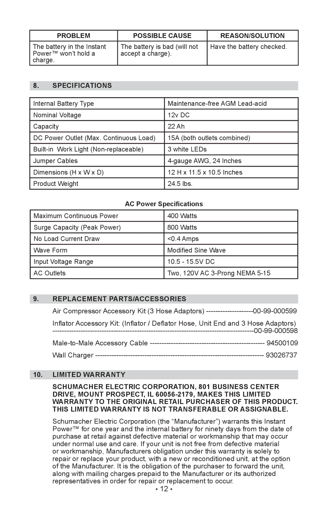 Schumacher XP2260 Problem Possible Cause REASON/SOLUTION, AC Power Specifications, Replacement PARTS/accessories 