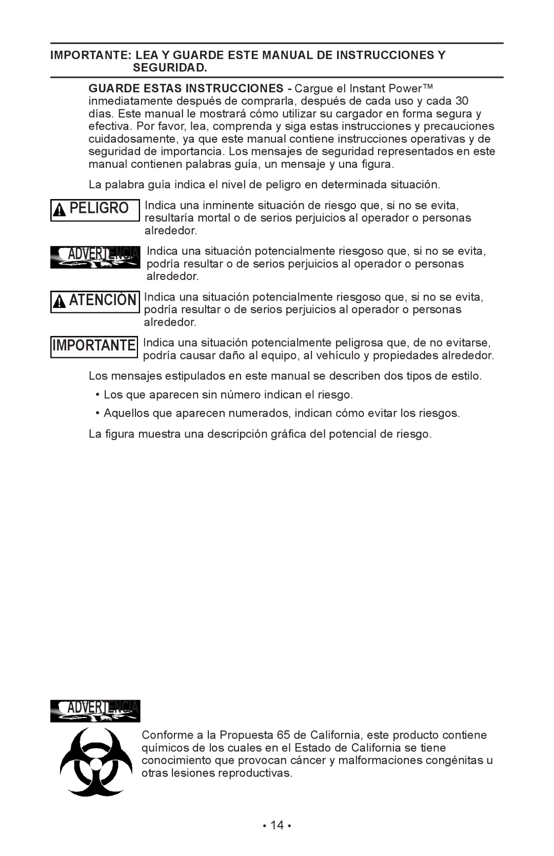 Schumacher XP2260 owner manual Advertencia 