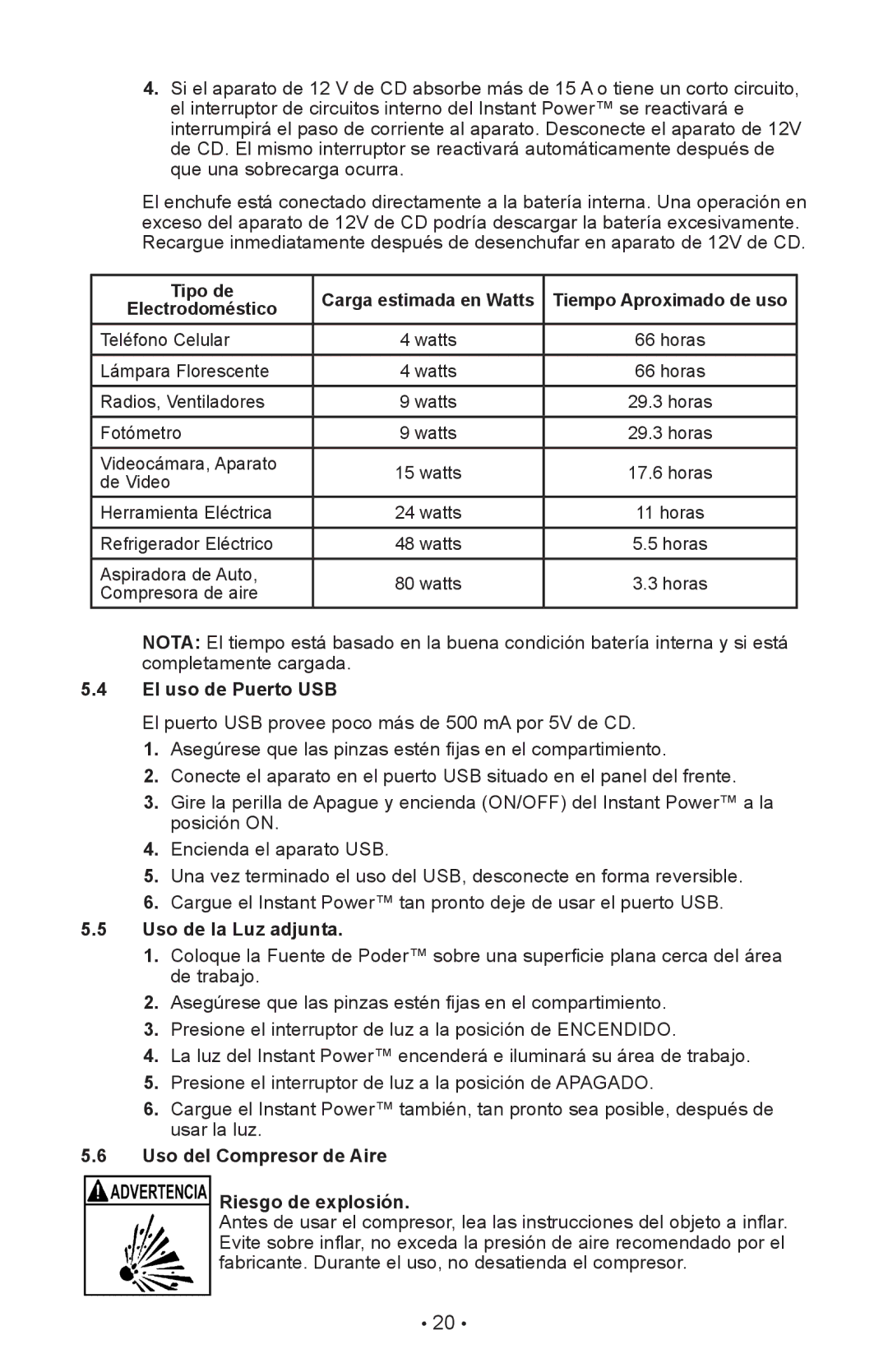 Schumacher XP2260 owner manual Tipo de, Electrodoméstico, El uso de Puerto USB, Uso de la Luz adjunta 