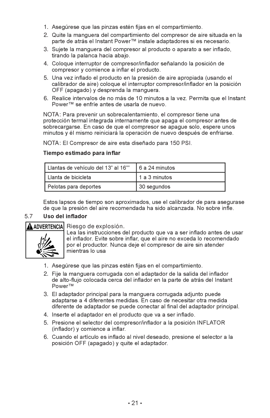 Schumacher XP2260 owner manual Tiempo estimado para inflar, Uso del inflador Riesgo de explosión 