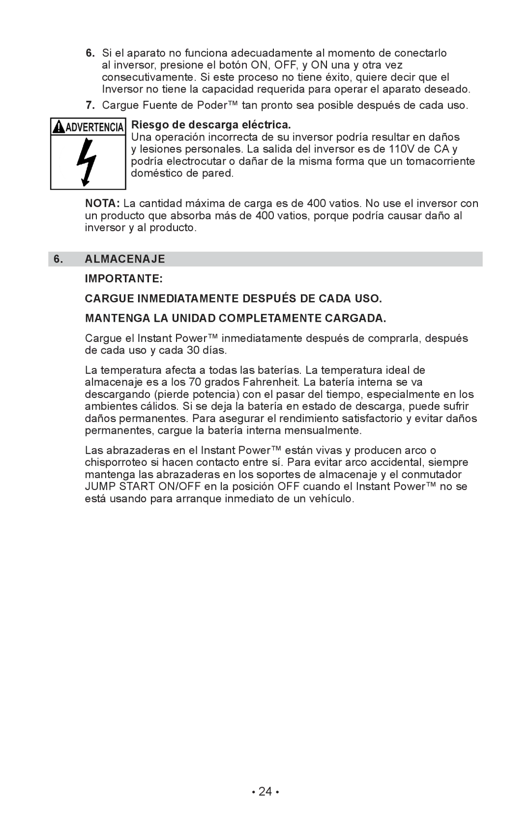 Schumacher XP2260 owner manual Riesgo de descarga eléctrica 