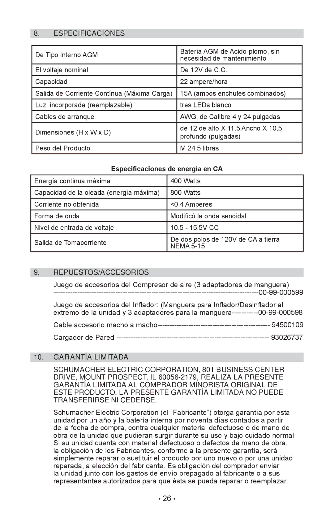 Schumacher XP2260 owner manual Especificaciones de energía en CA, REPUESTOS/accesorios 