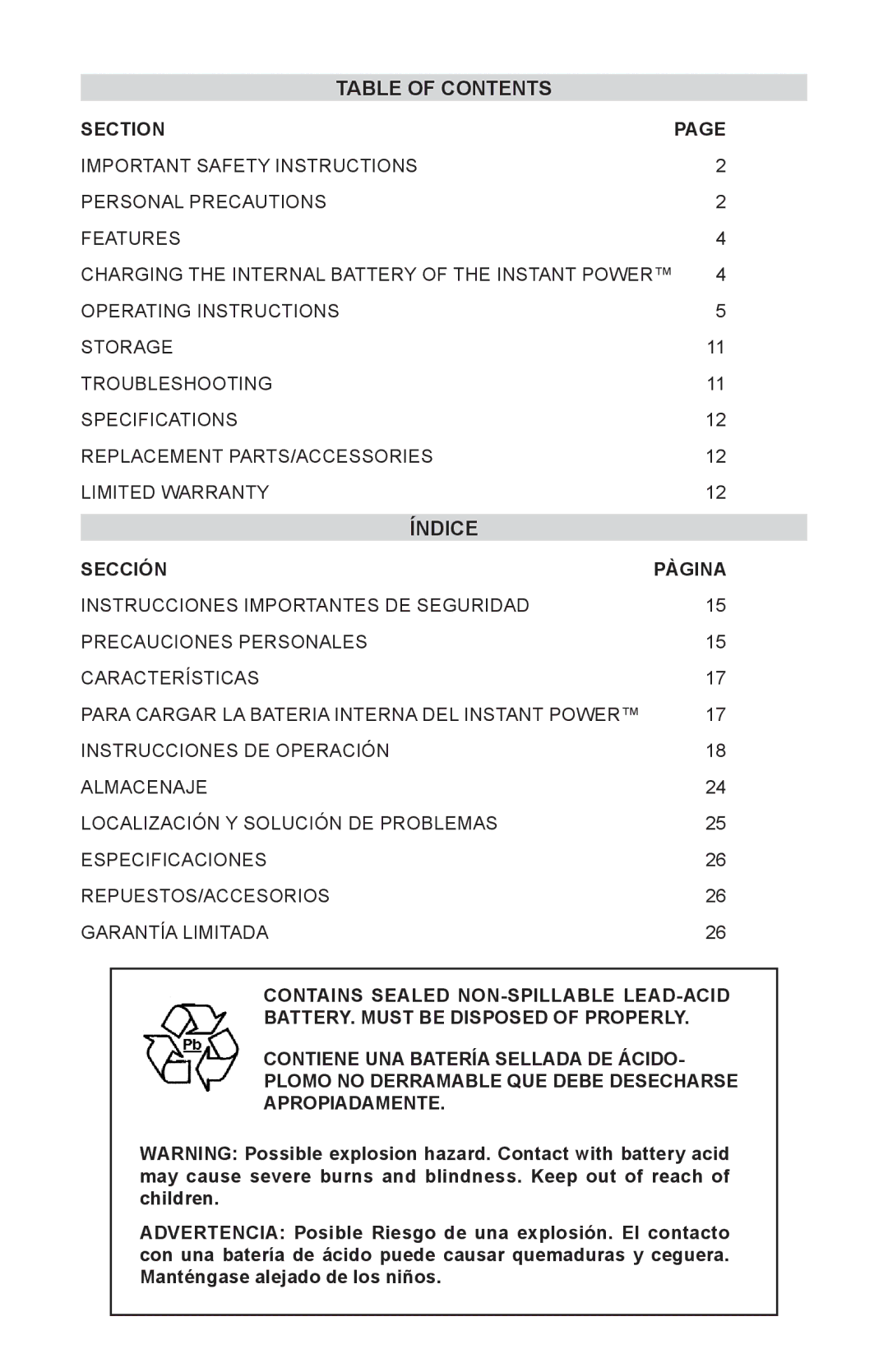 Schumacher XP2260 owner manual Índice 