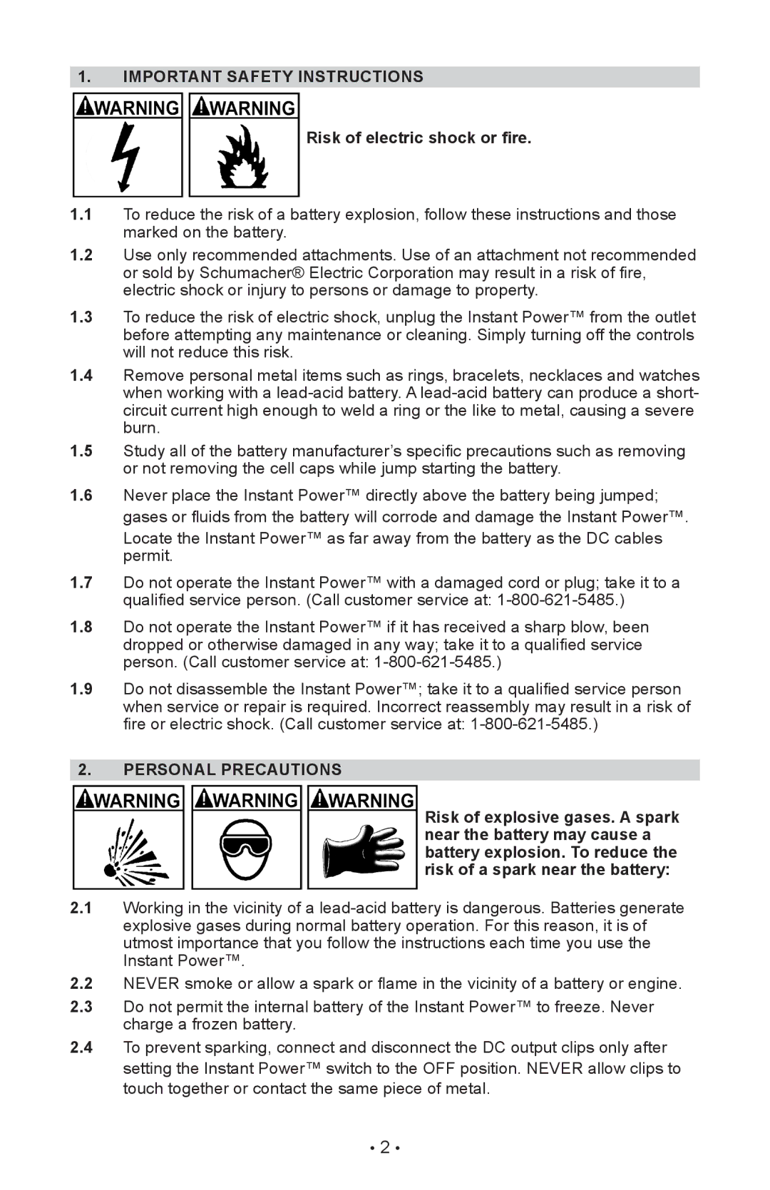 Schumacher XP2260 owner manual Important Safety Instructions, Risk of electric shock or fire, Personal Precautions 