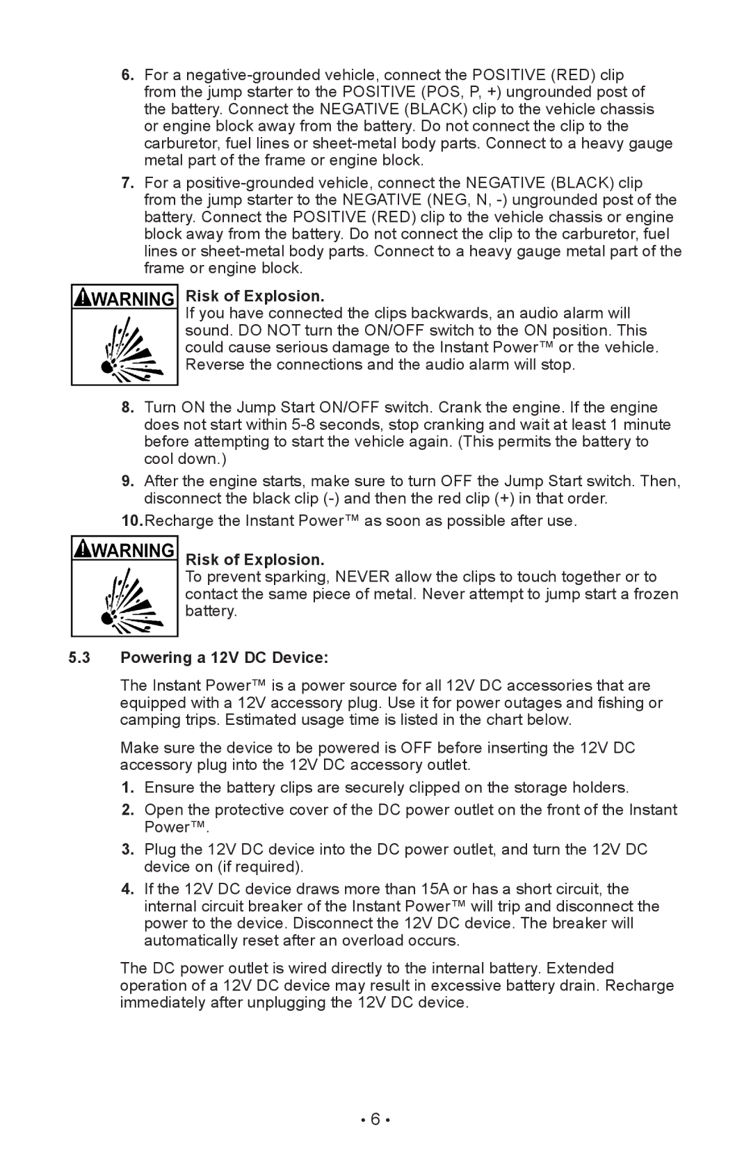 Schumacher XP2260 owner manual Risk of Explosion, Powering a 12V DC Device 