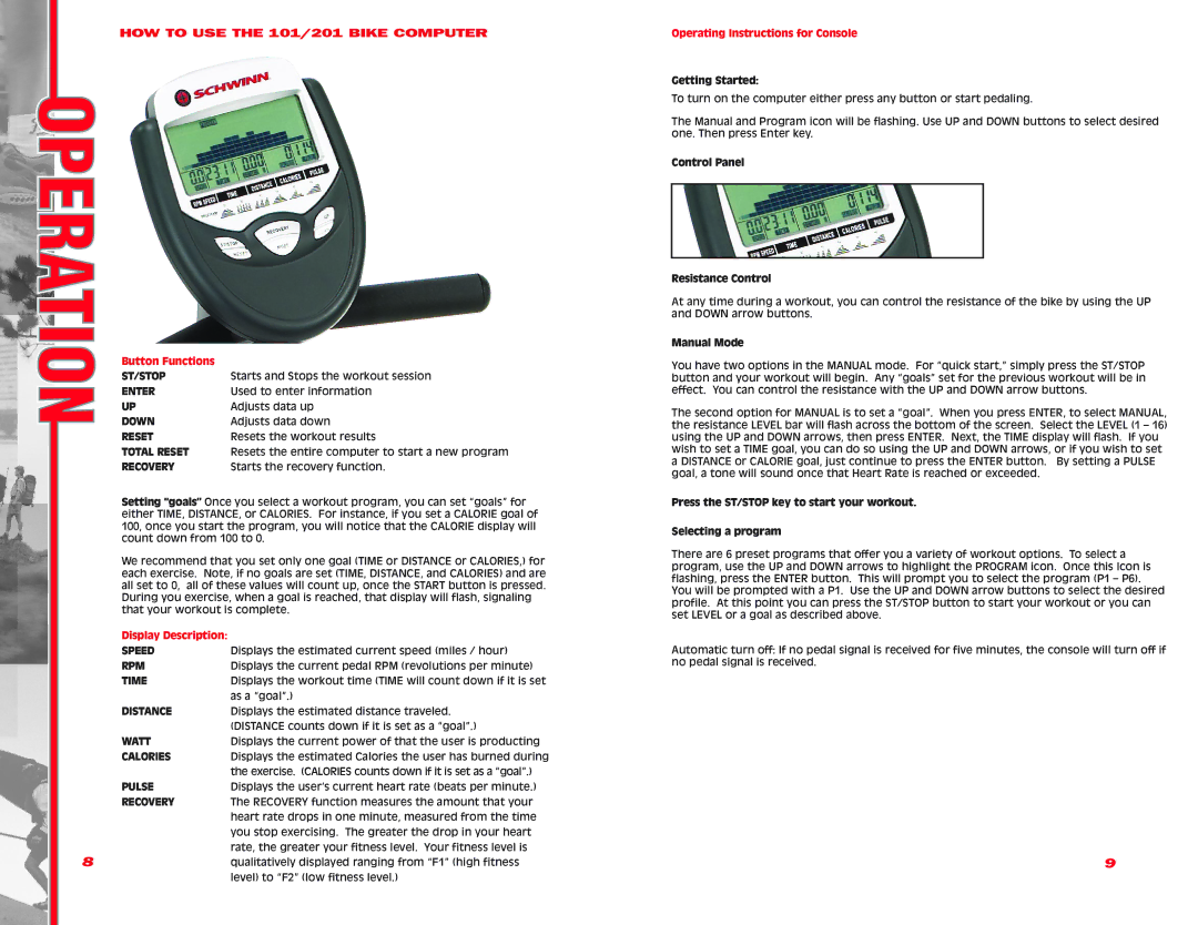 Schwinn manual HOW to USE the 101/201 Bike Computer, Recovery 