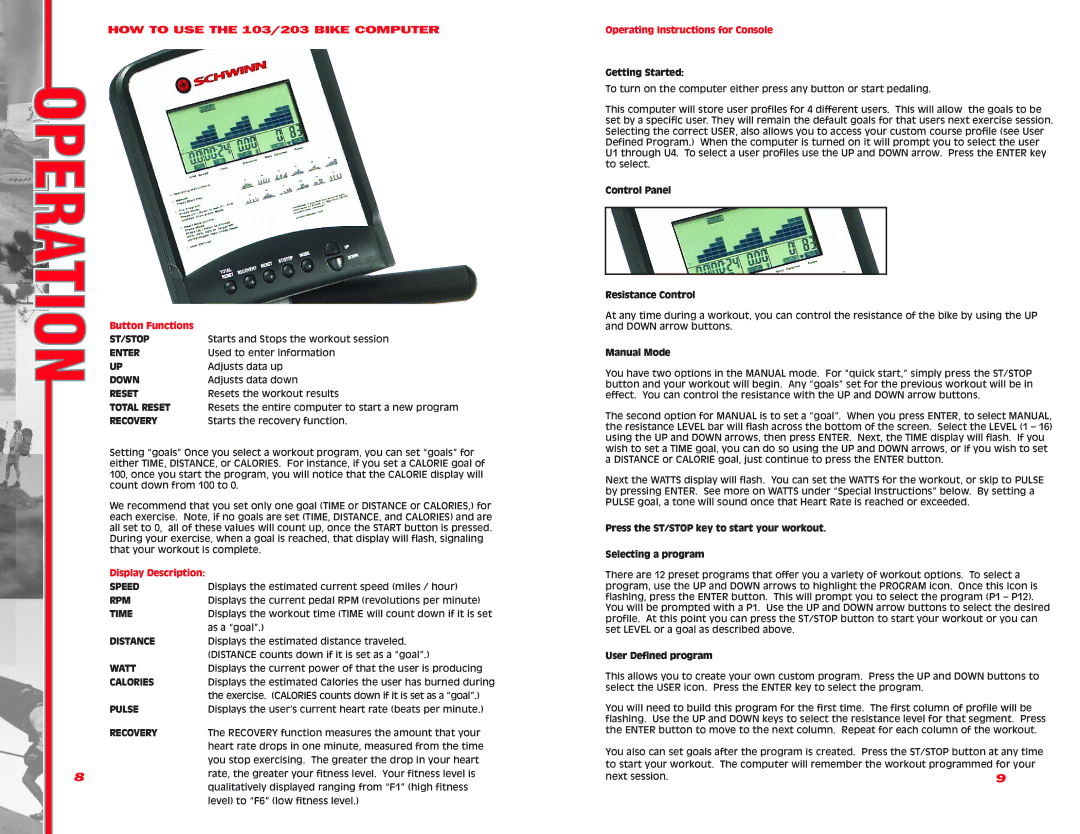 Schwinn manual HOW to USE the 103/203 Bike Computer, Recovery 