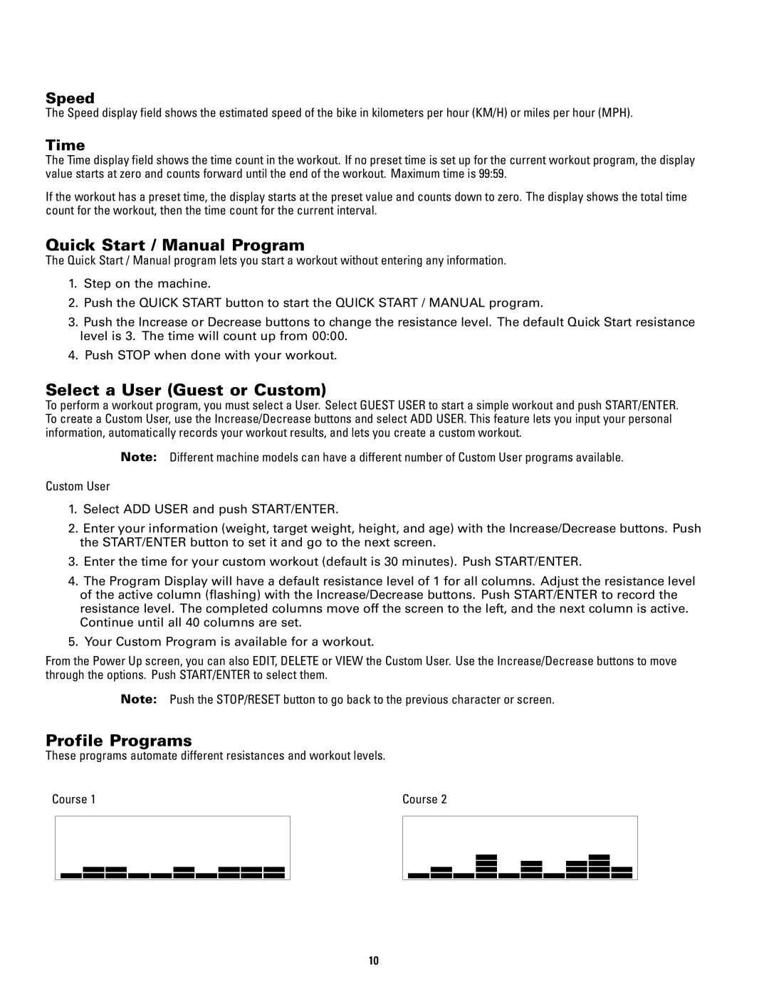 Schwinn 120 manual Quick Start / Manual Program, Select a User Guest or Custom, Profile Programs 