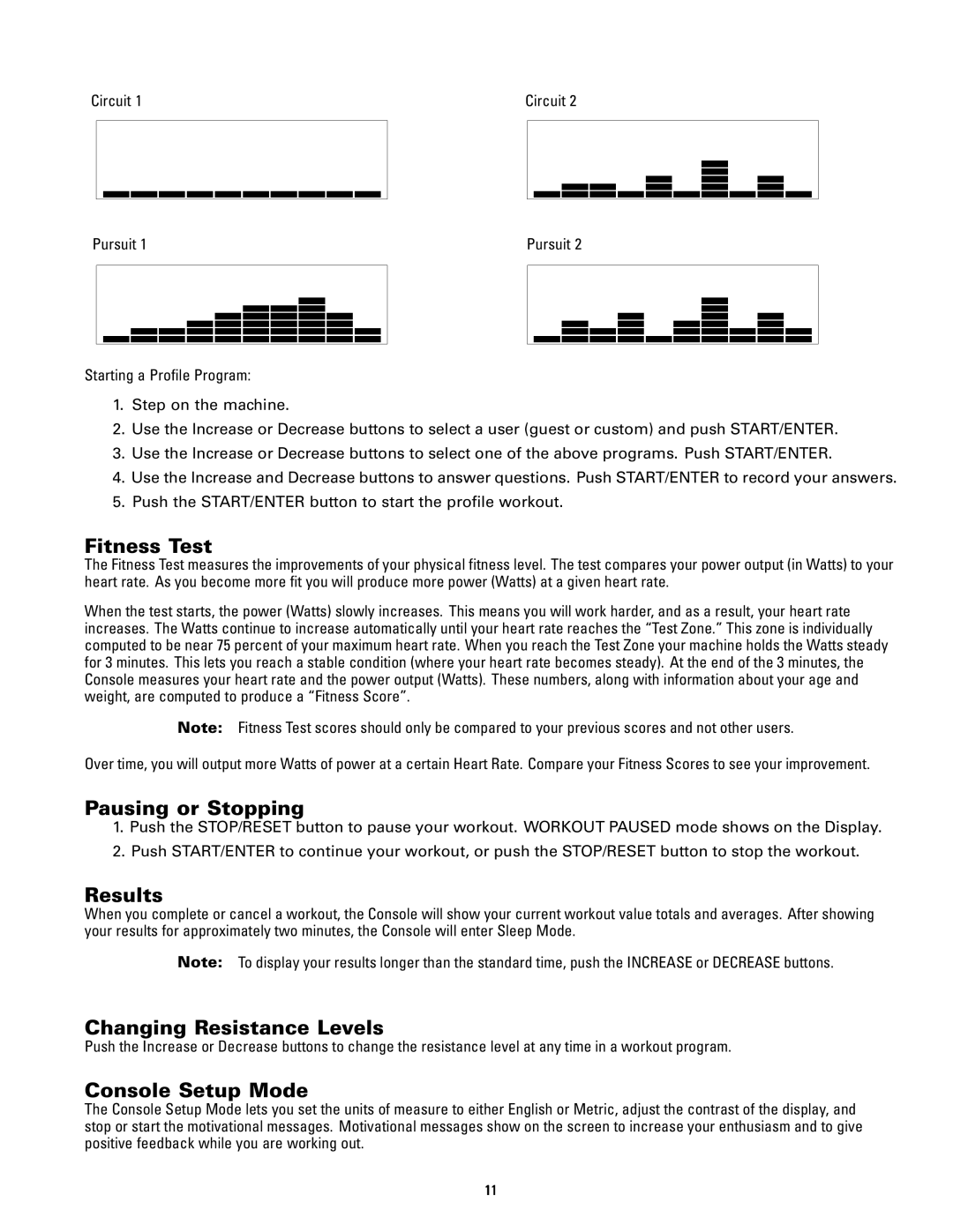 Schwinn 120 manual Fitness Test, Pausing or Stopping, Results, Changing Resistance Levels, Console Setup Mode 