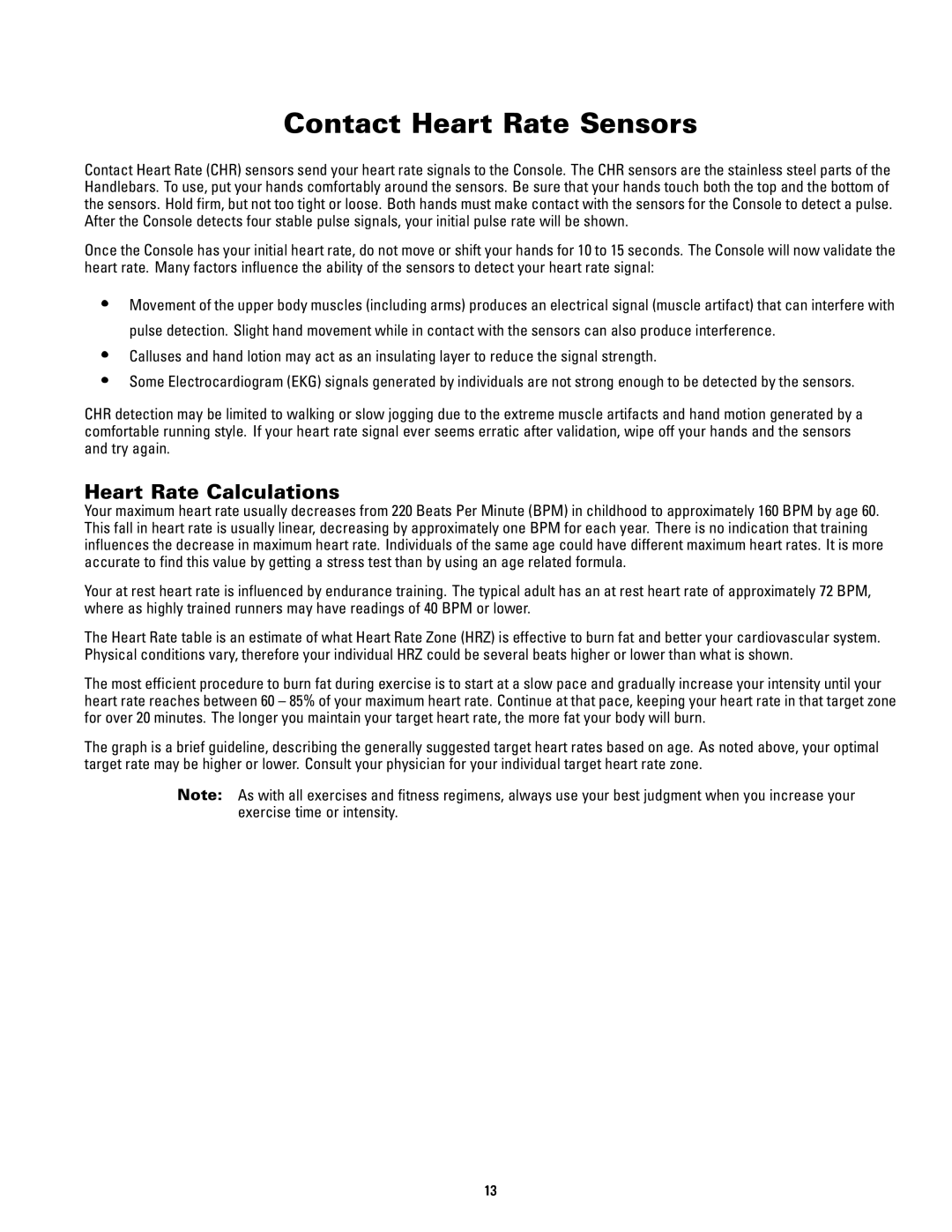 Schwinn 120 manual Contact Heart Rate Sensors, Heart Rate Calculations 