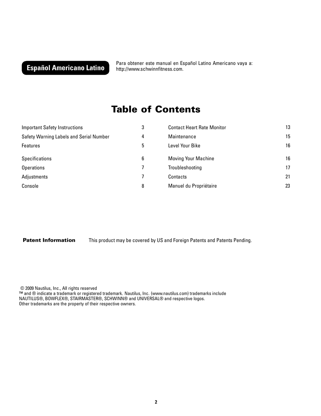 Schwinn 120 manual Table of Contents 