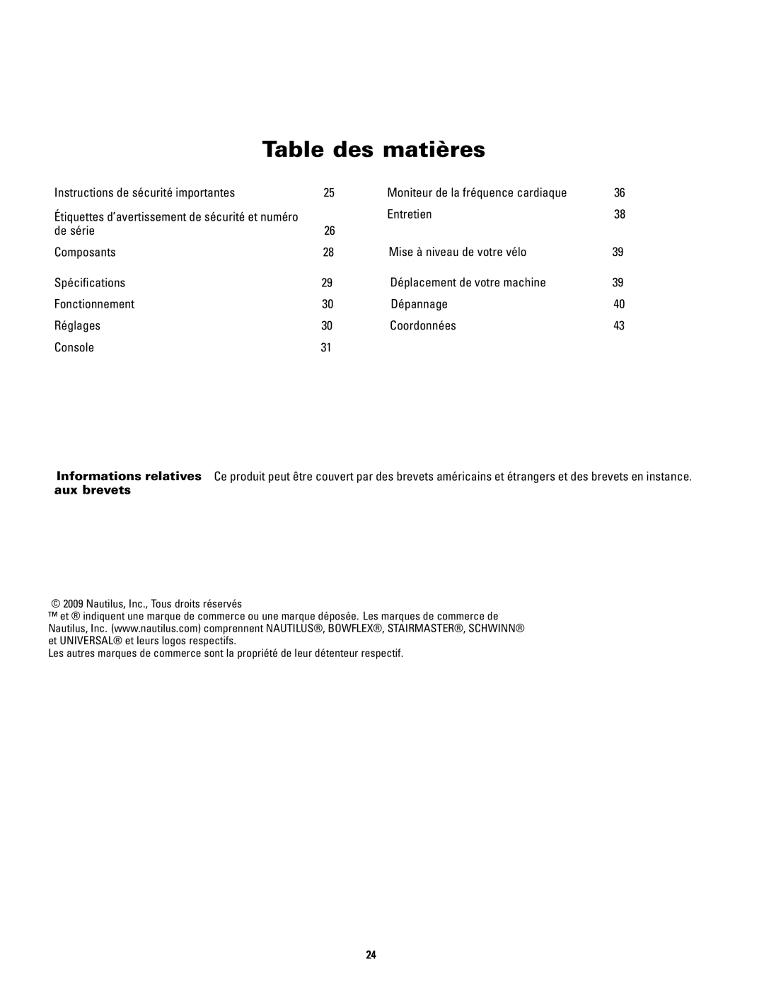 Schwinn 120 manual Table des matières 