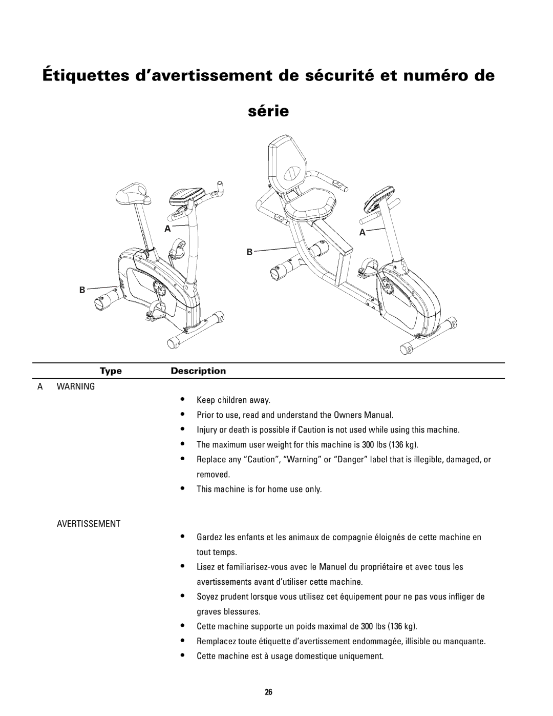 Schwinn 120 manual Étiquettes d’avertissement de sécurité et numéro de Série, Type Description 