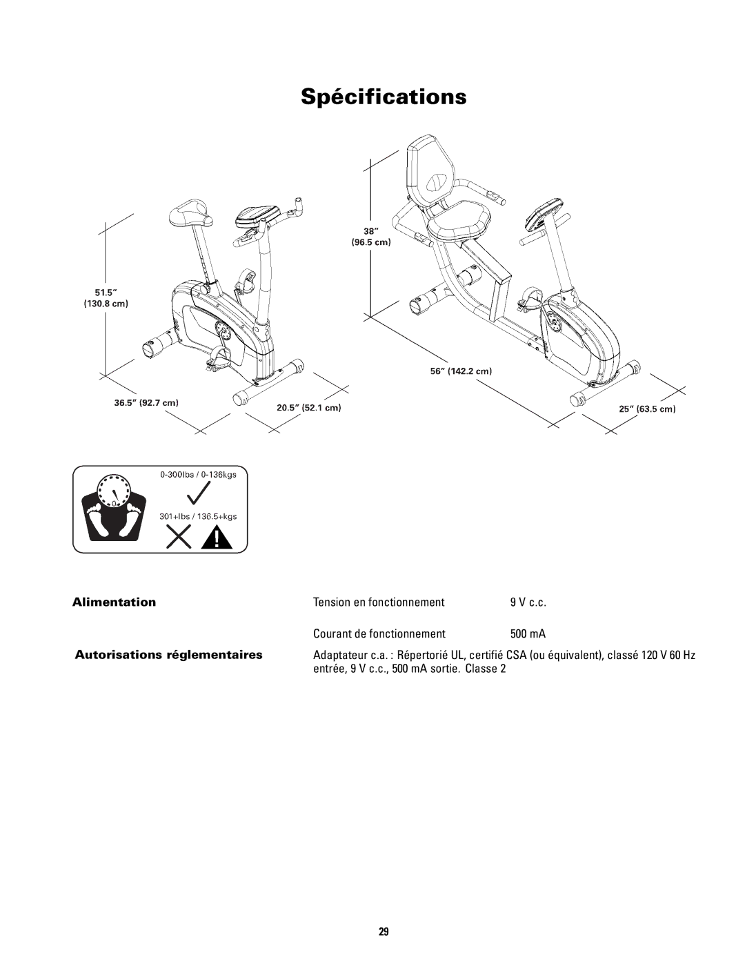 Schwinn 120 manual Spécifications, Alimentation, Autorisations réglementaires 