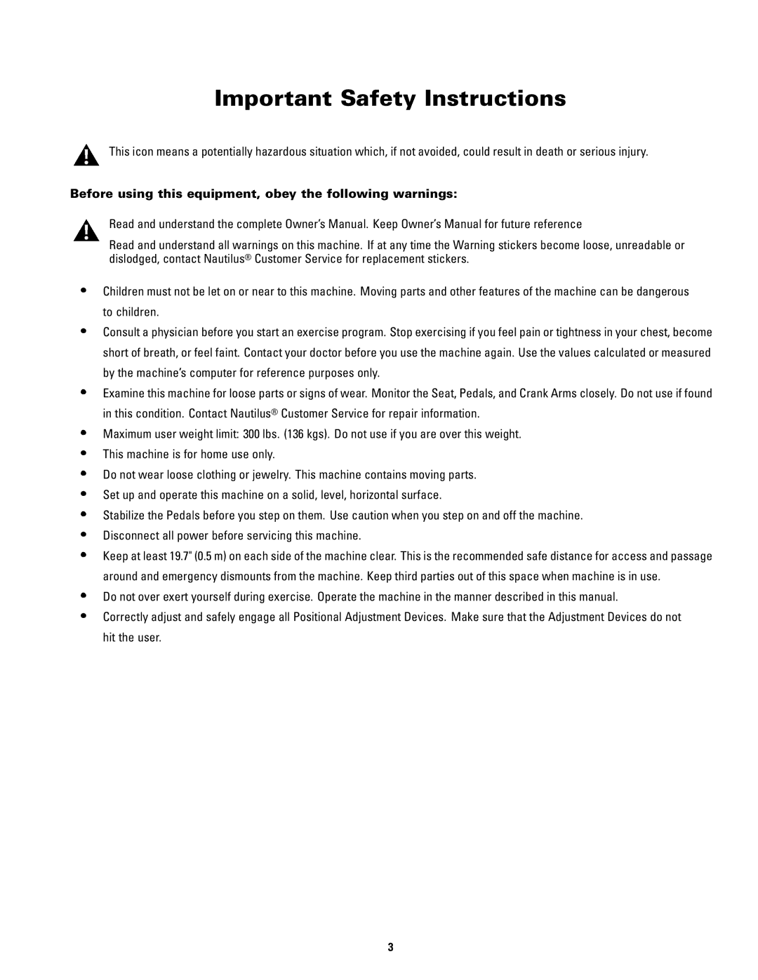 Schwinn 120 manual Important Safety Instructions, Before using this equipment, obey the following warnings 