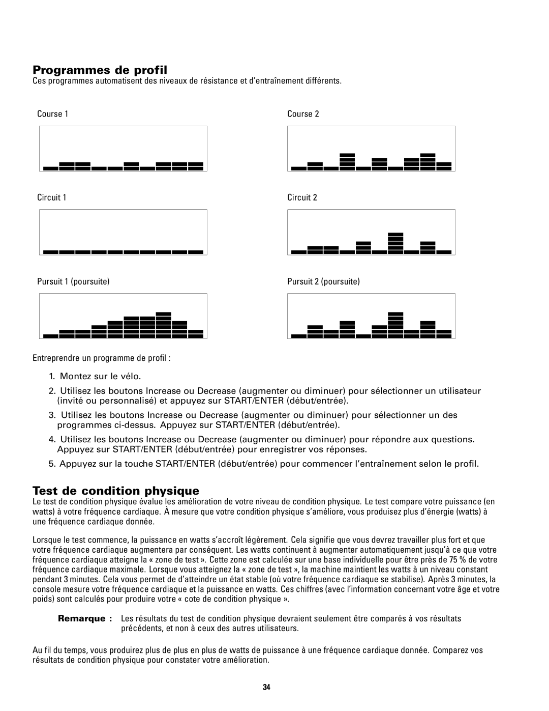 Schwinn 120 manual Programmes de profil, Test de condition physique 