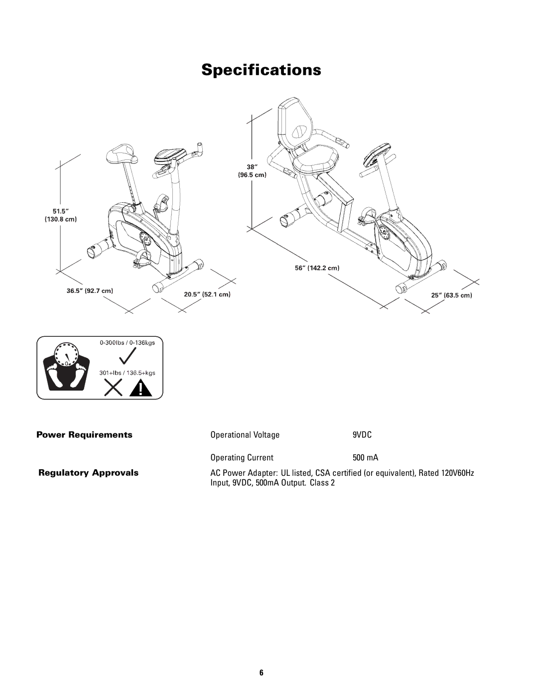 Schwinn 120 manual Specifications, Power Requirements, Regulatory Approvals 