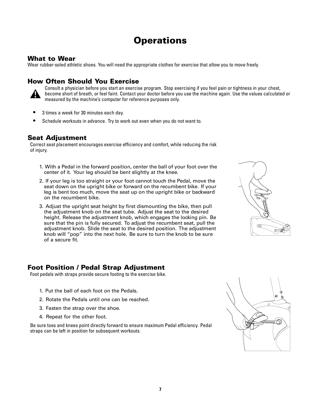 Schwinn 120 manual Operations, What to Wear, How Often Should You Exercise, Seat Adjustment 