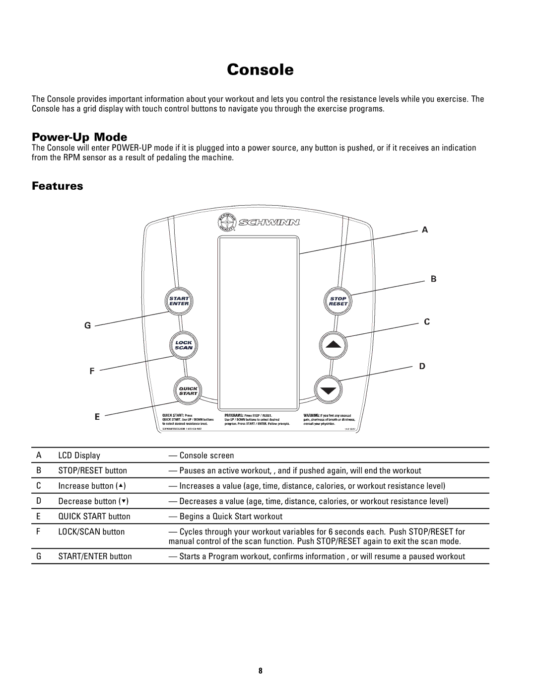 Schwinn 120 manual Console, Power-Up Mode, Features 