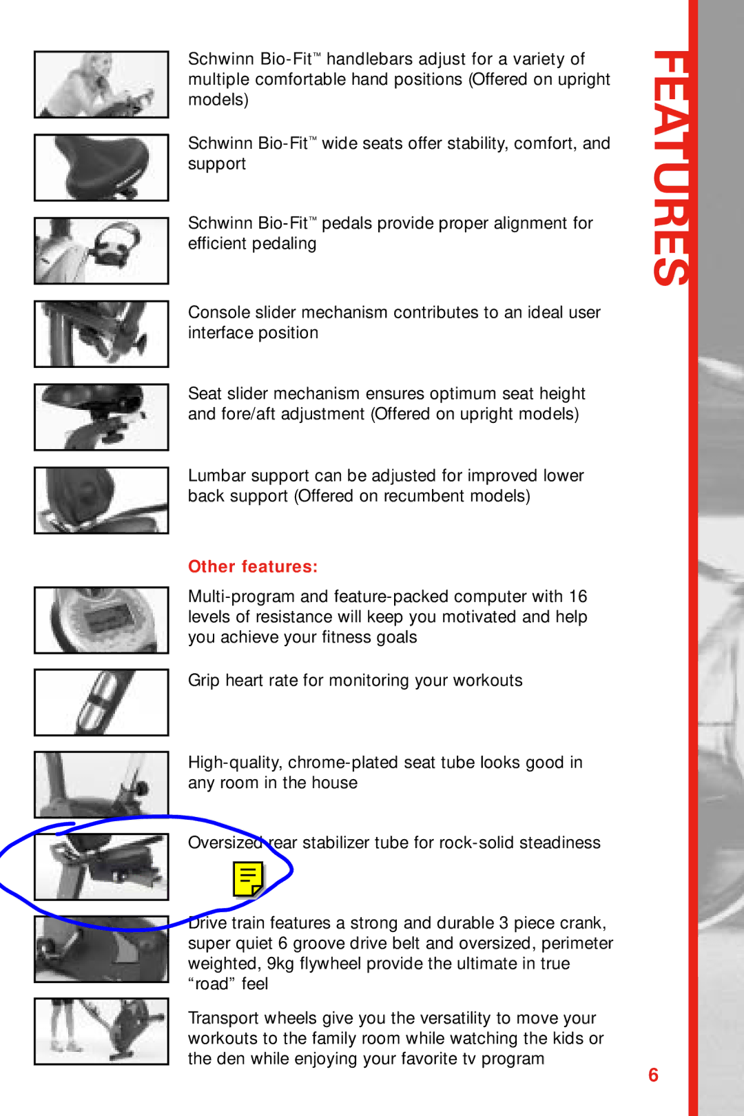 Schwinn 222, 122 manual Features, Other features 