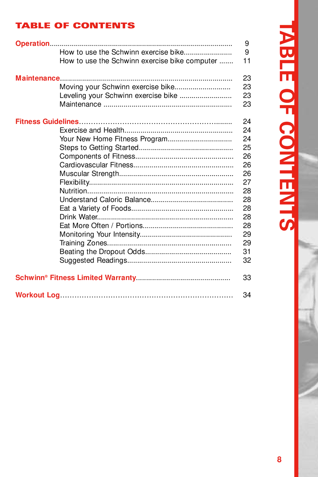 Schwinn 222, 122 manual Table of Contents 