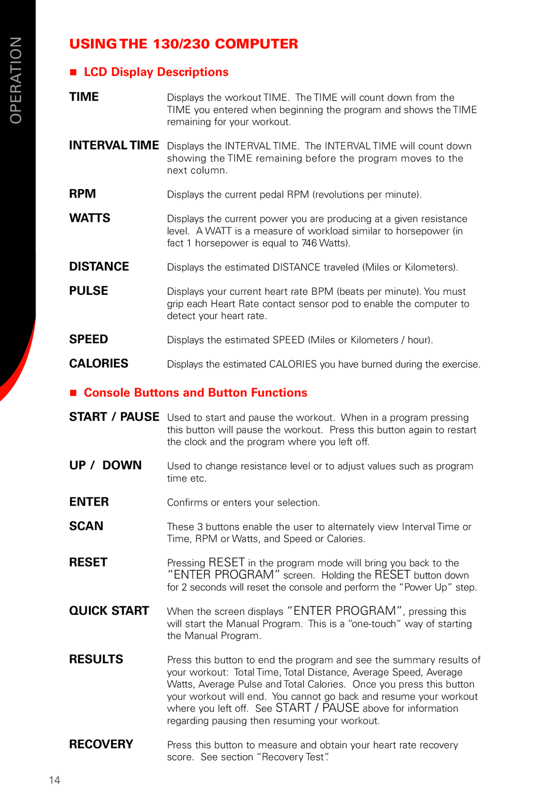 Schwinn manual Using the 130/230 Computer,  LCD Display Descriptions,  Console Buttons and Button Functions 