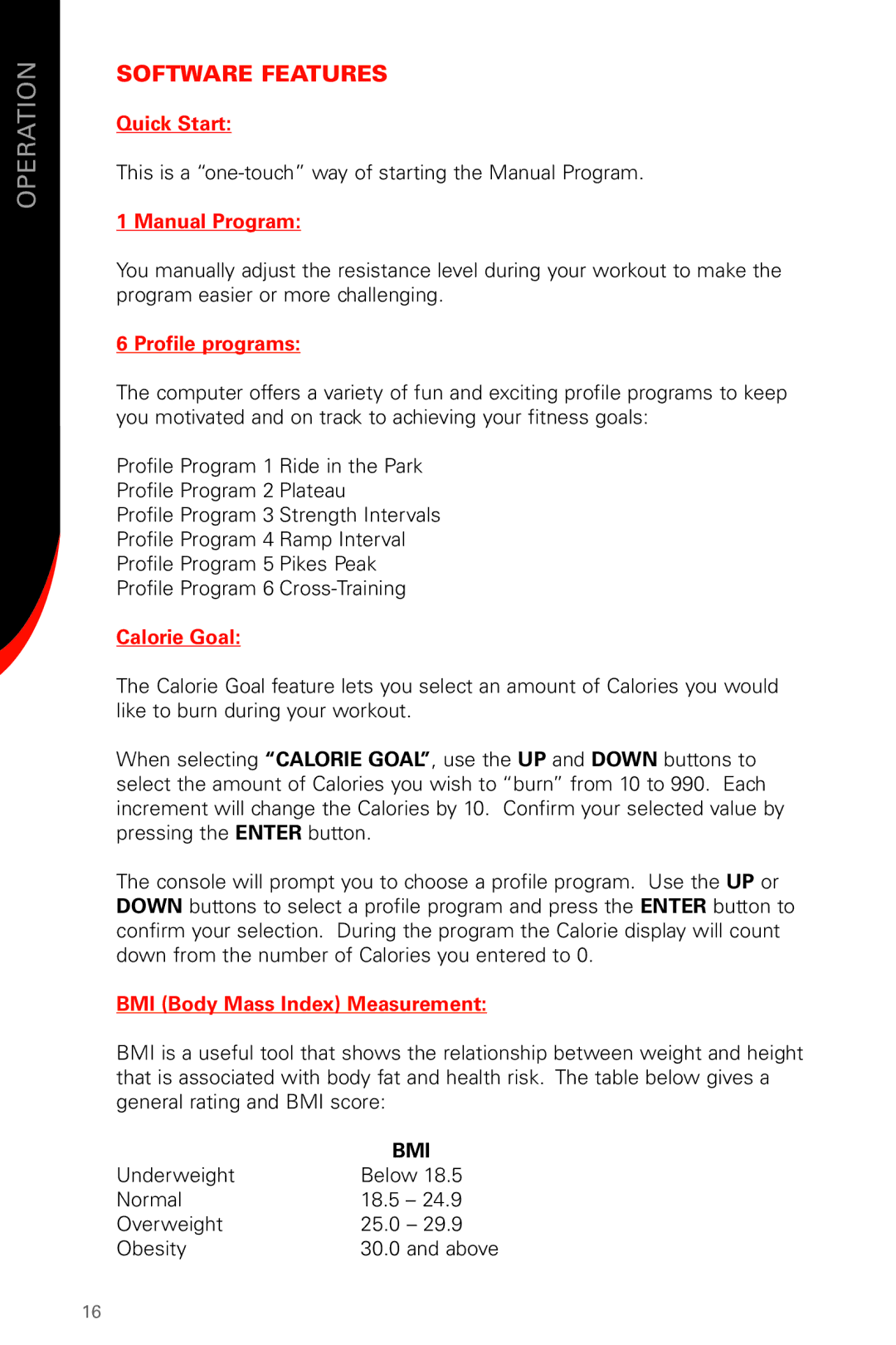 Schwinn 130/230 manual Software Features 