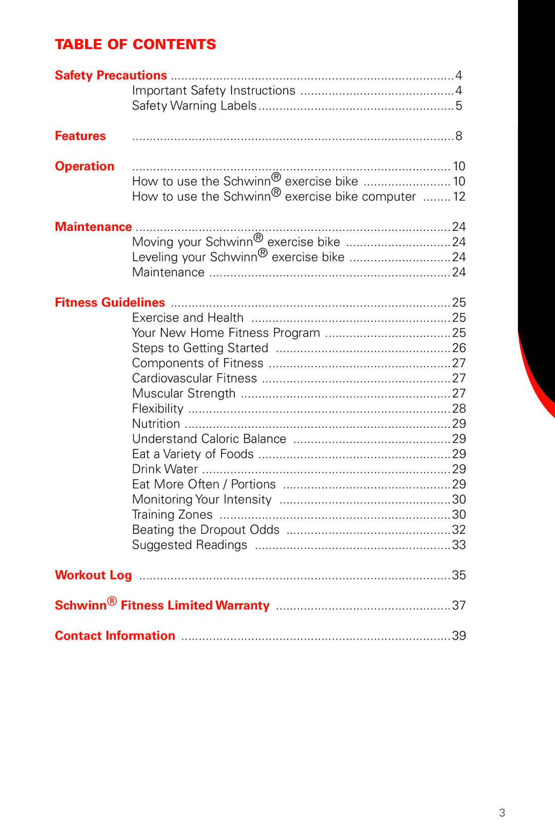 Schwinn 130/230 manual Table of Contents 