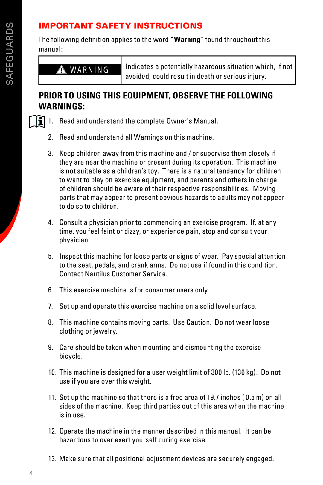 Schwinn 130/230 manual Safeguards, Important Safety Instructions 