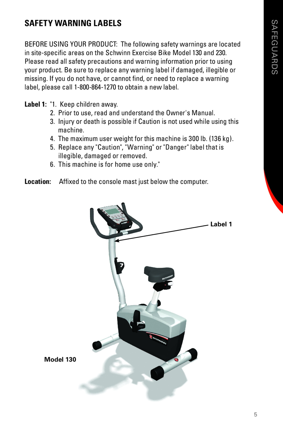 Schwinn 130/230 manual Safety Warning Labels 